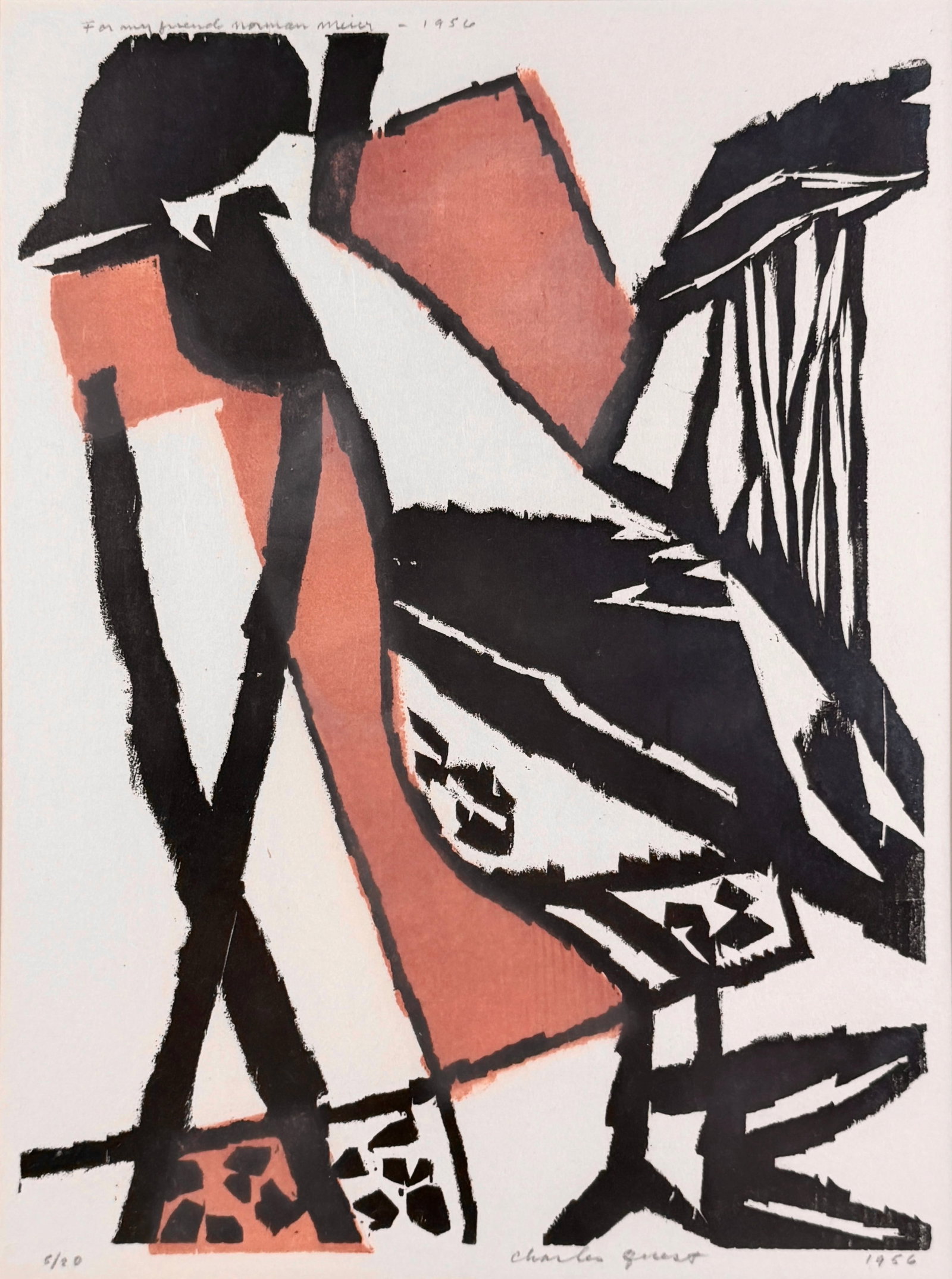 Charles Quest "Untitled (Abstract Composition)" Woodblock: Signed and dated in the lower right and numbered lower left. Date: 1956 Limited Edition: 5/20 Inscription in Upper Right Corner: "For my friend norman mier" Image: 12 3/4"