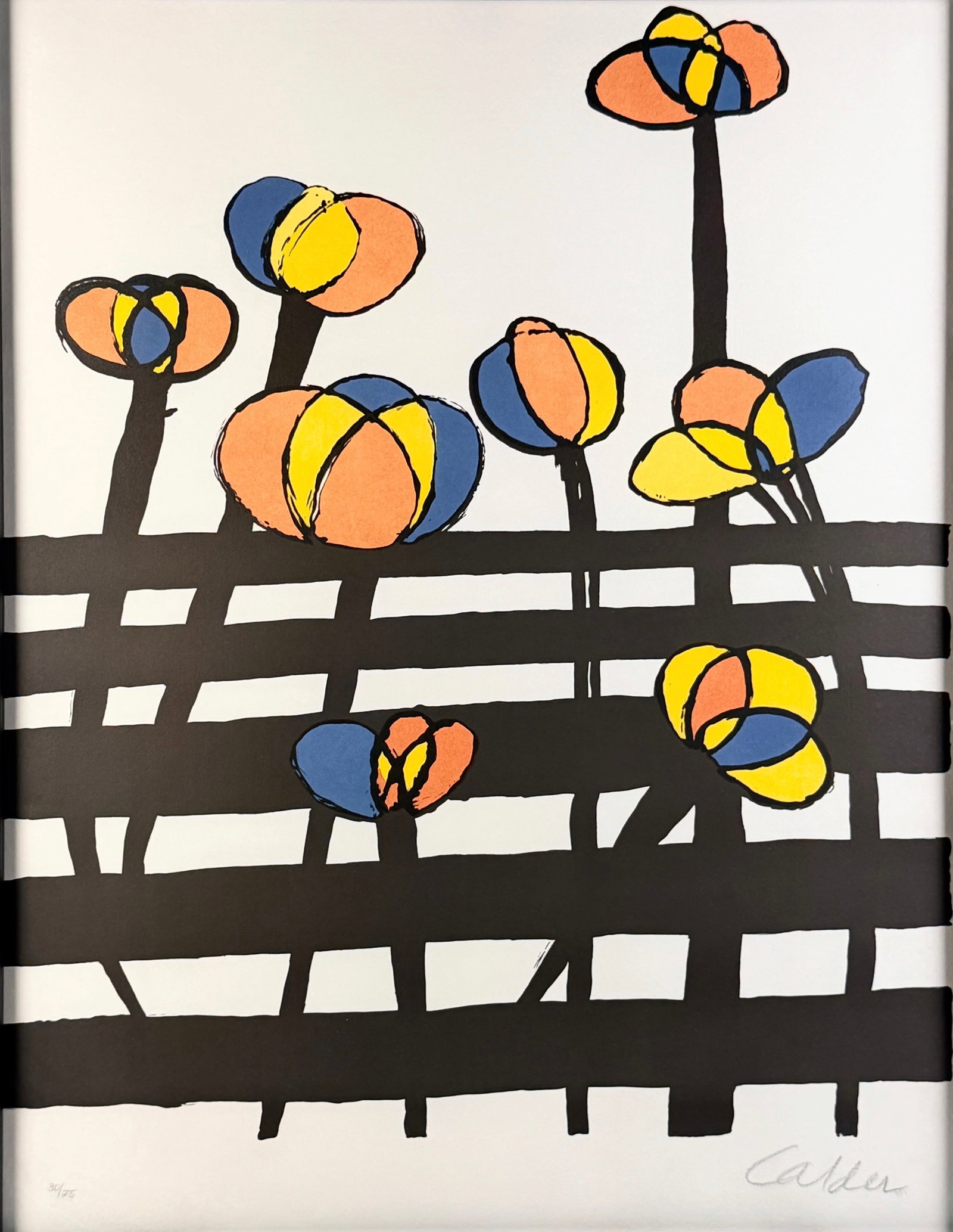 Alexander Calder "Flowers" Lithograph: Hand signed in the lower right corner and numbered in the lower left. Limited Edition: 30/75 Image: 25" x 19 1/2" Frame: 26 1/2" x 20 3/4" Condition