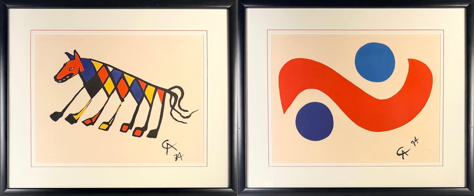 Pair of Alexander Calder Braniff Airlines Lithographs: Signed and dated in the lower right. Paper is embossed in the lower right with 'The Fixing Colors Collection 1976.' Date: 1974 Image: 19 1/2" x 25 1/4" Frame: 30" x