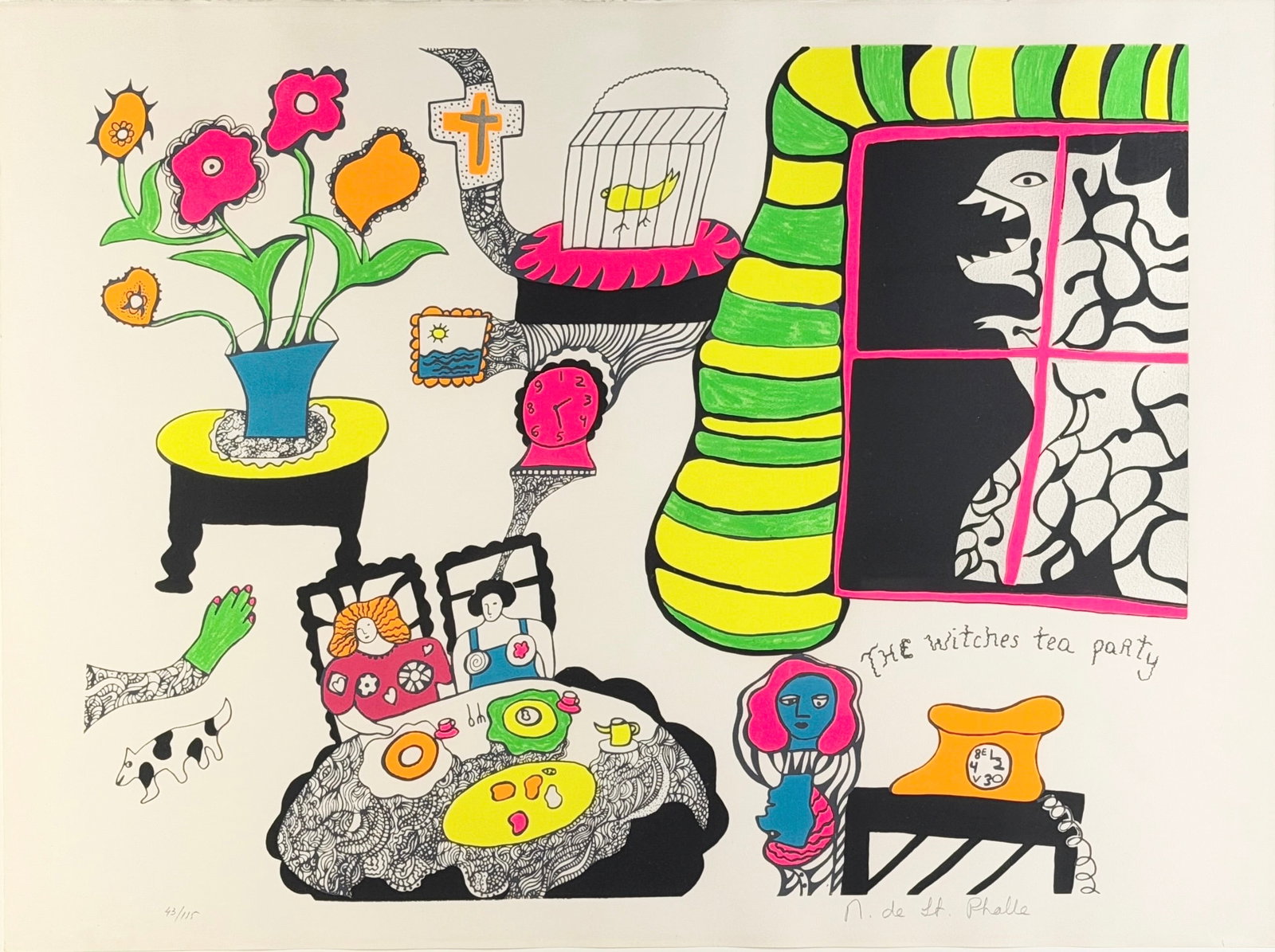 Niki de Saint Phalle "The Witches Tea Party" Serigraph: Hand-signed lower left and numbered lower right. Limited Edition: 43/115 Date: 1970 Image: 22" x 29 1/2" Frame: 26" x 33" Condition: Minor toning to