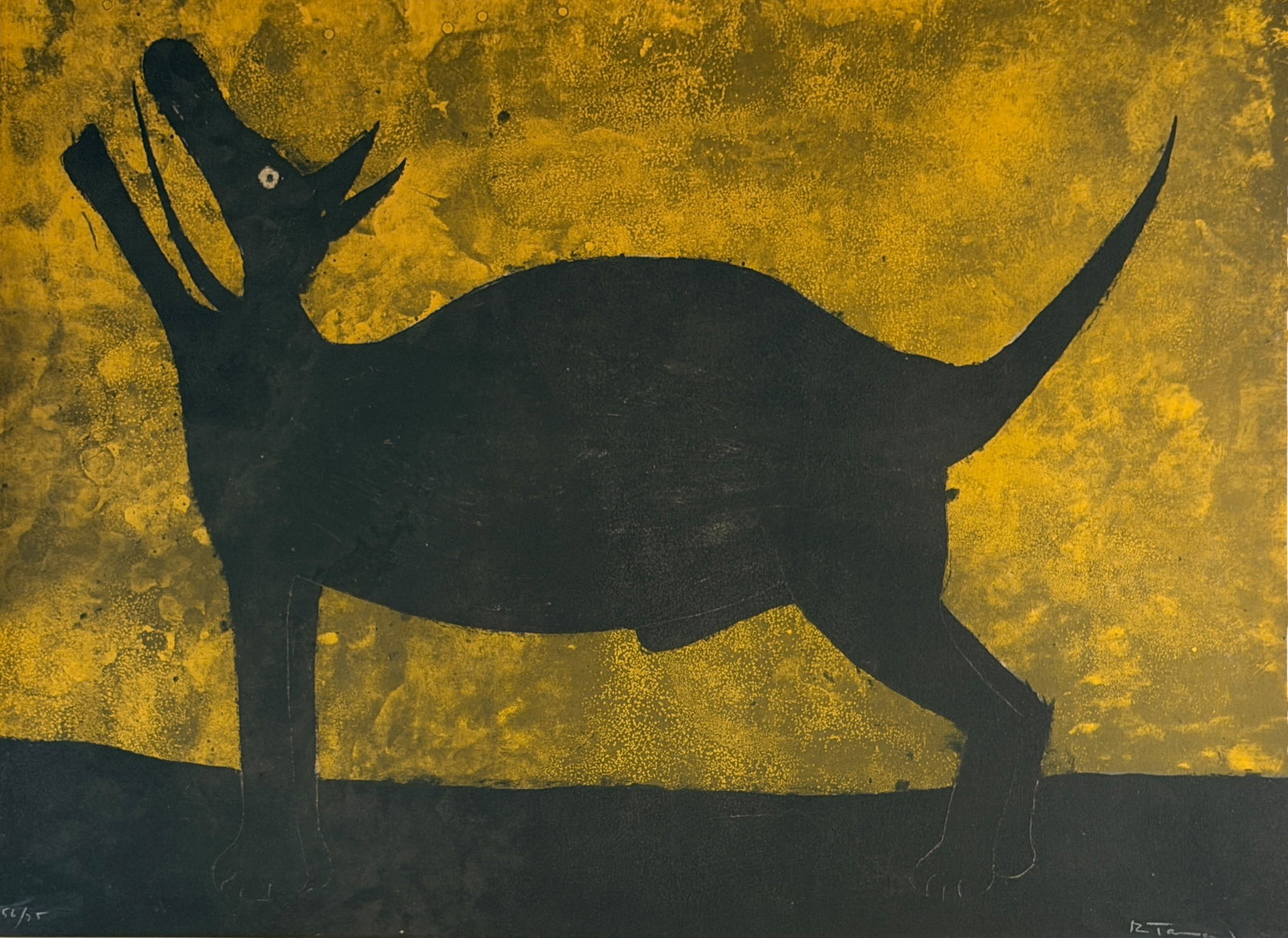 Rufino Tamayo "Perro" Colored Lithograph: Signed lower right and numbered lower left. Date: 1975 Limited Edition: 56/75 Image: 29 3/4" Wide x 22" Tall Frame: 39 1/2" Wide x 32" Tall Co