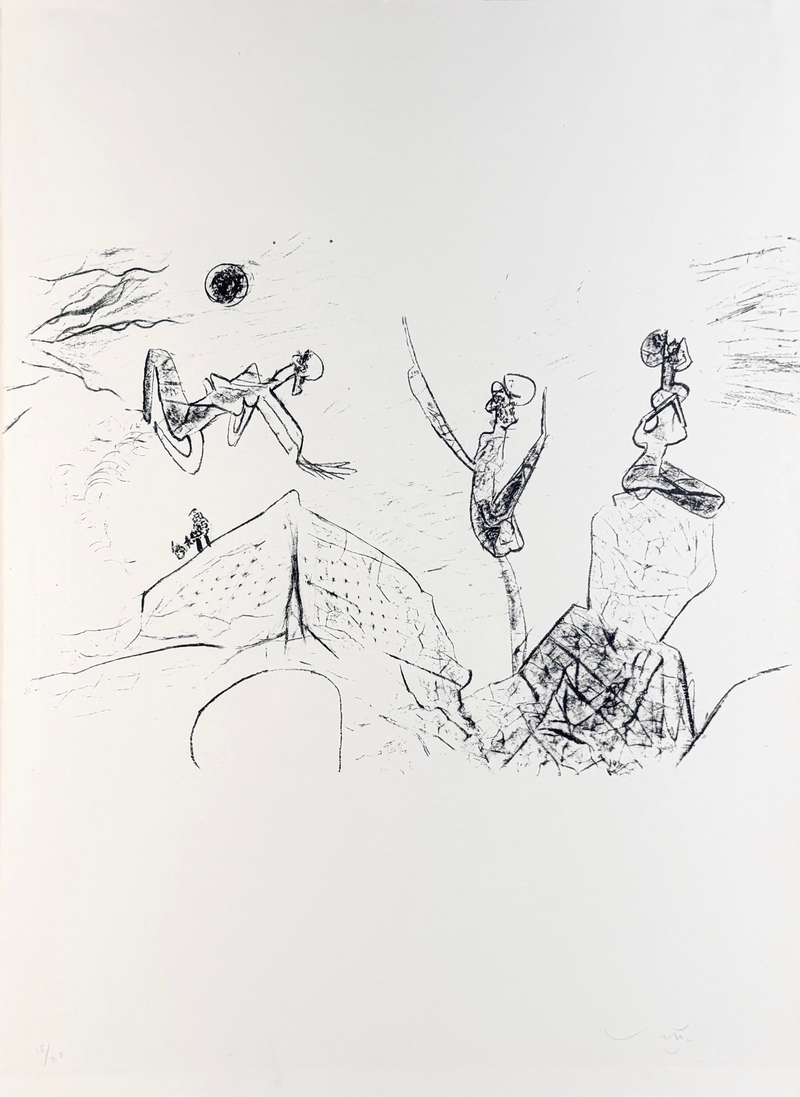 Roberto Matta 'Biomorphic Vitreurs Figures' Lithograph: Signed lower right and numbered lower left by the artist. Limited Edition: 18/40 Image: 30" x 22" Frame: 39 1/2" x 31" Condition: Minor creasing to the up