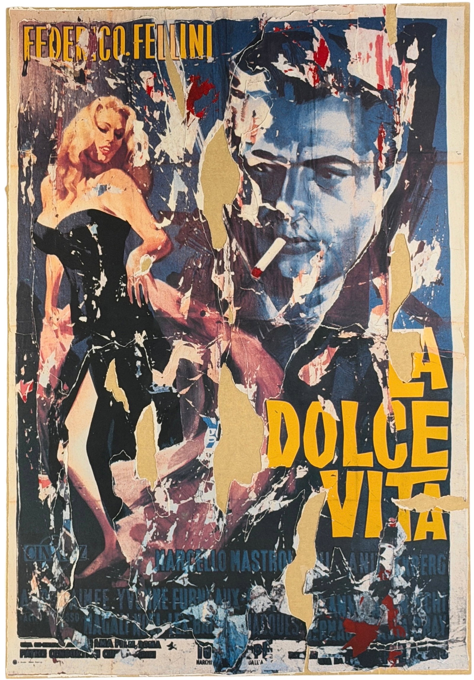 Mimmo Rotella "La Dolce Vita" Decollage: Signed by the artist in the lower right. Image: 38 1/2" x 26 1/2" Frame: 48 1/2" x 36 3/4" Condition: The collage and frame are in very good conditi