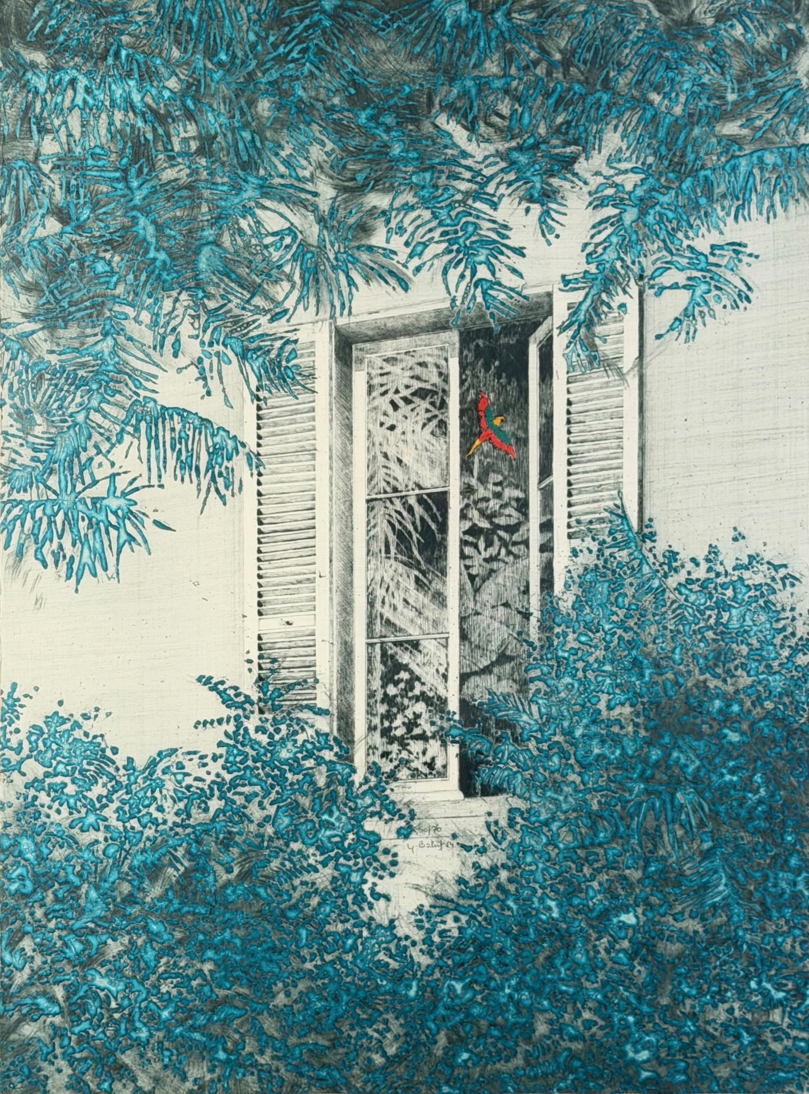 Yannick Ballif "Fenetre d'Ete" Aquatint: Signed under the window by the artist. Limited Edition: 40/70 Date: 1984 Image: 29 1/2" x 22" Frame: 39 1/2" x 31 1/2" Condition: Minor warping to the paper. Ov