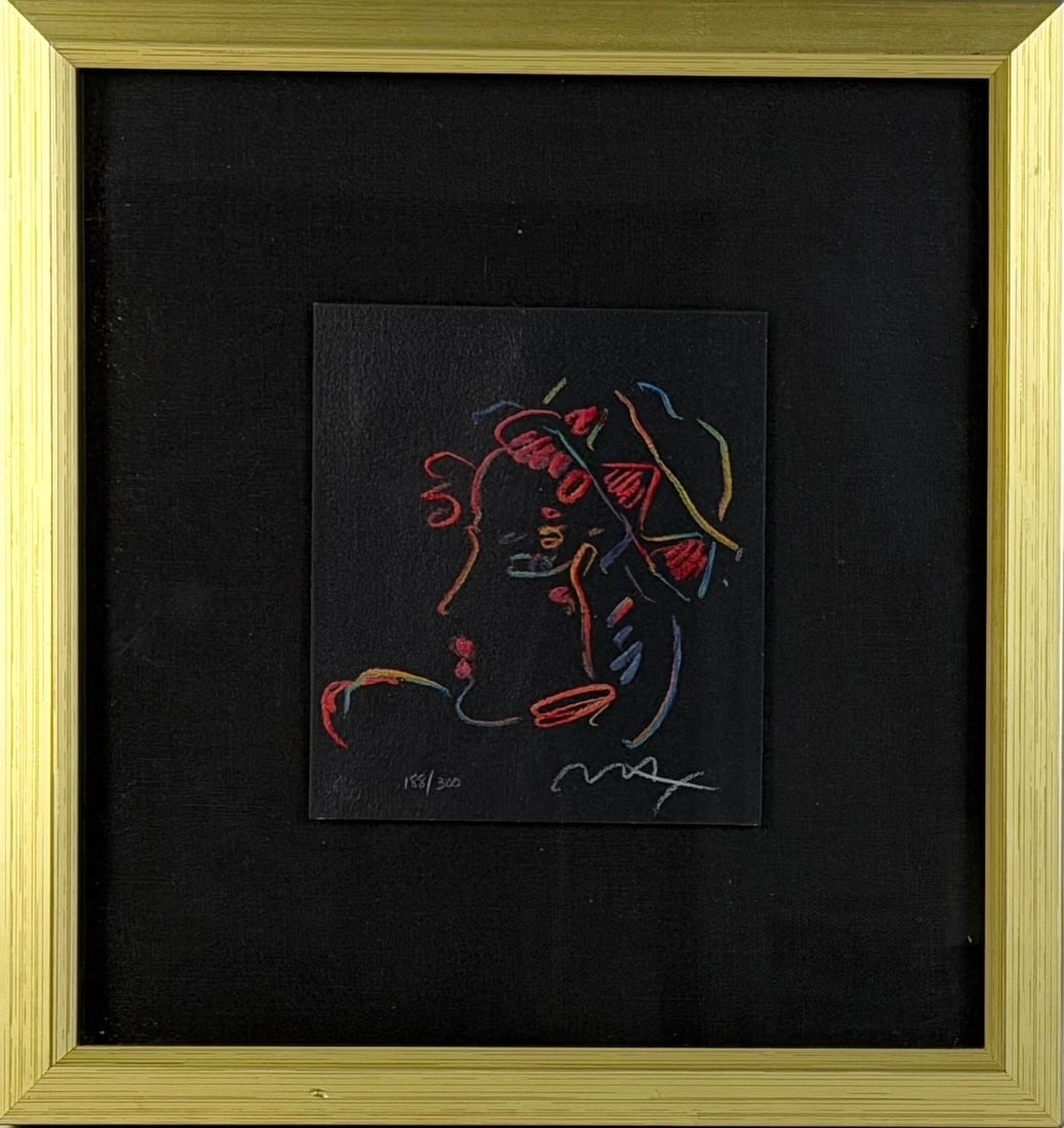 Peter Max Portrait from "Romance Suite II" Serigraph: Signed lower right and dated lower left by the artist. Limited Edition: 188/300 Certificate of Authenticity Included from Jean Stephen Galleries. Image: 5 3/4" x 5" Frame: