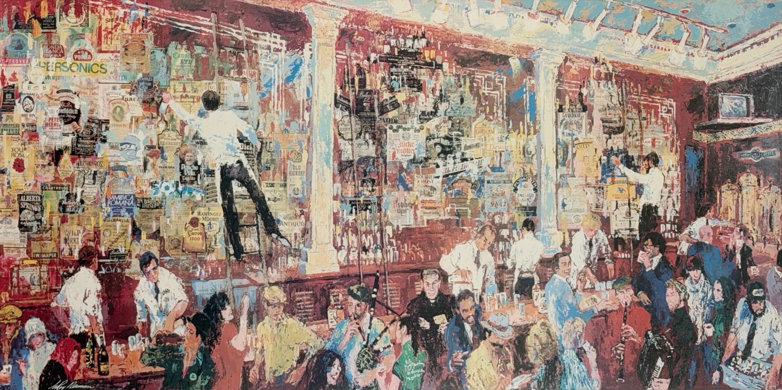 Leroy Neiman "F.X. McRory's Whiskey Bar" Serigraph: Signed lower right by the artist. The print is not numbered. Image: 18 1/2" x 30 1/2" Frame: 26 1/2" x 43" Condition: The image shows s