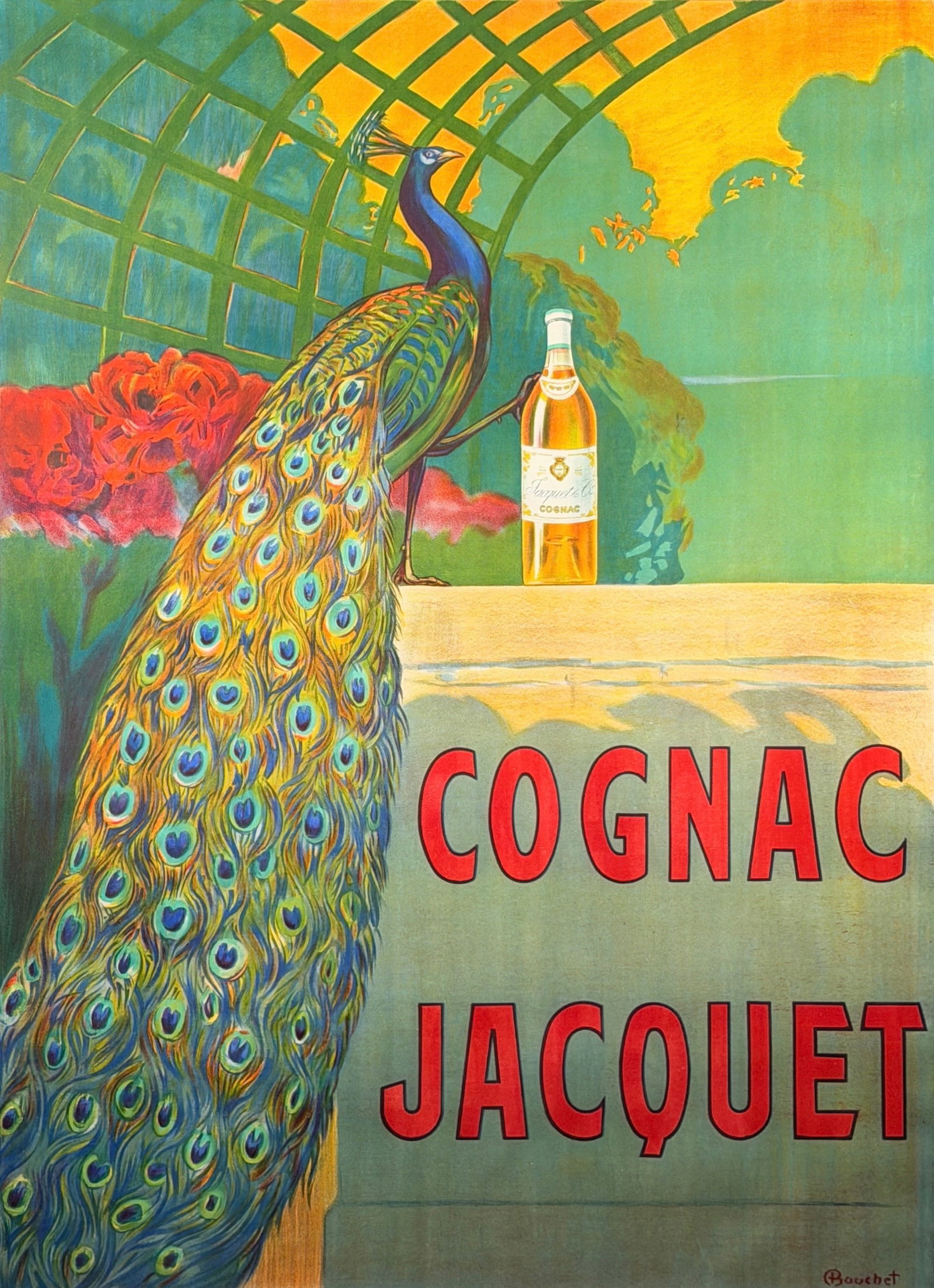 Camille Bouchet "Cognac Jacquet" Art Nouveau Poster: Signed in the lower right. Printed by Vercasson, Paris. Image: 63" x 46 1/2" Frame: 71" x 53" Condition: Toning to the paper. There are lines 