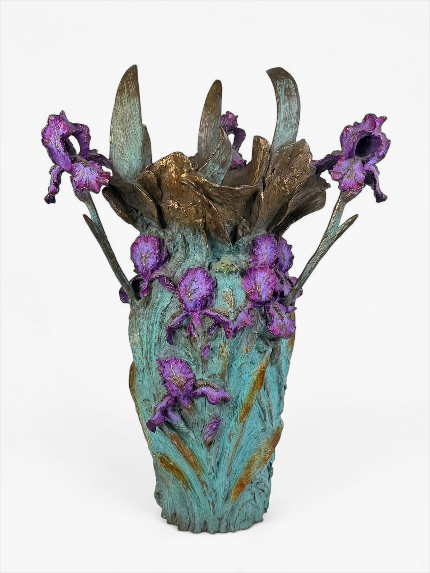 William Ravencroft Sharles Hand-Painted "Fallen Iris Bouquet Vase" Bronze: Marked on the bottom, but obscured by a felt pad. Signed and numbered along bottom of the vase. Limited Edition: 29/45 Height: Approx. 22" Weight: 49lbs Condition:
