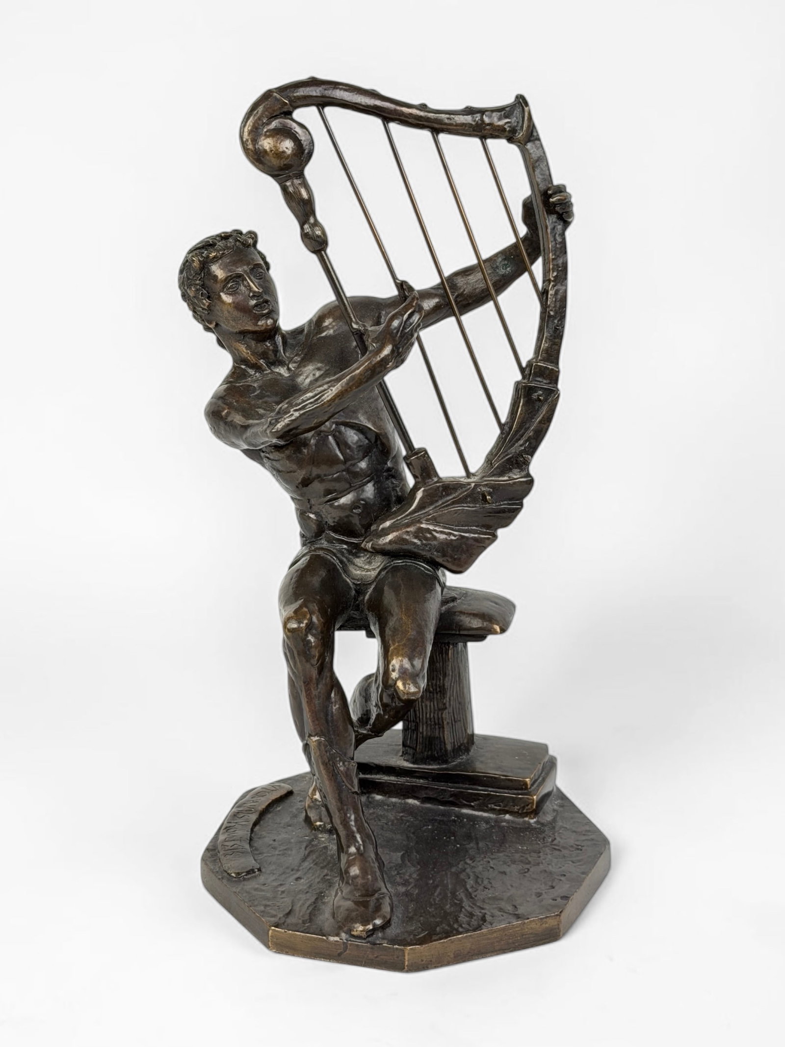 Yiannis Koutsis "David" Bronze Sculpture: Signed on the base. Appraisal included by Park West Gallery. Dimensions: 9 1/2" tall x 4 1/2" base diameter Condition: The wire of the harp is not attached to the