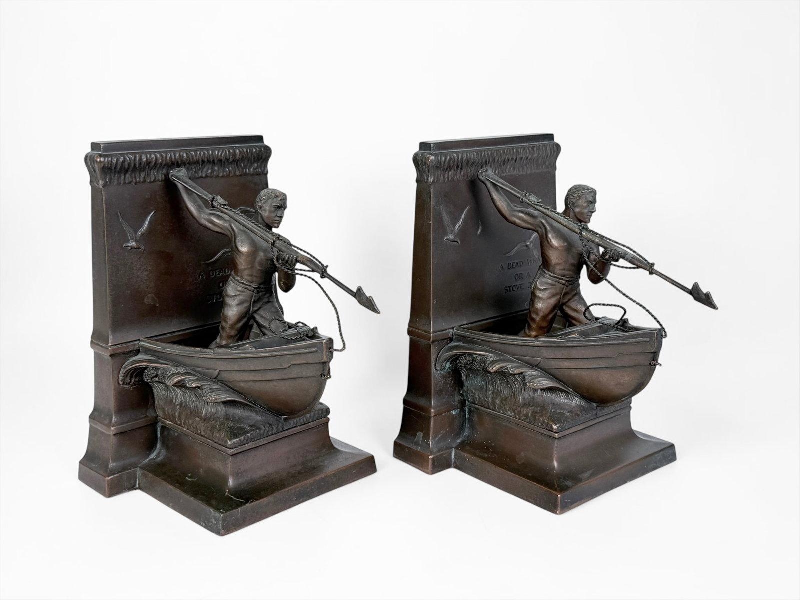 Vintage "Whaler" Bronze Bookends: Dimensions of One: 7" x 6" x 5" Condition: Minor oxidation, mostly in crevices of the decorative elements. Overall, the bookends are in very good condition. 