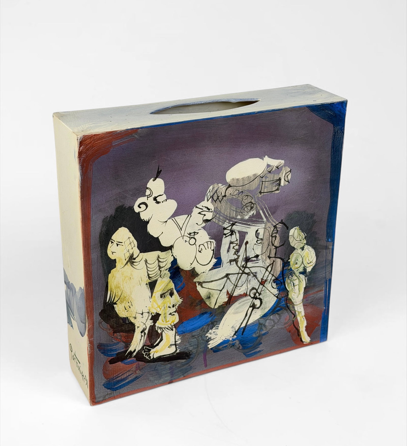 Gilbert Portanier 'Abstract Figures' Ceramic Vase (E): Signed and dated by the artist on the side of the vase. Date: 1991 Dimensions: 14" x 14" x 3 1/2" Condition: The vase is in very good condition. See images for