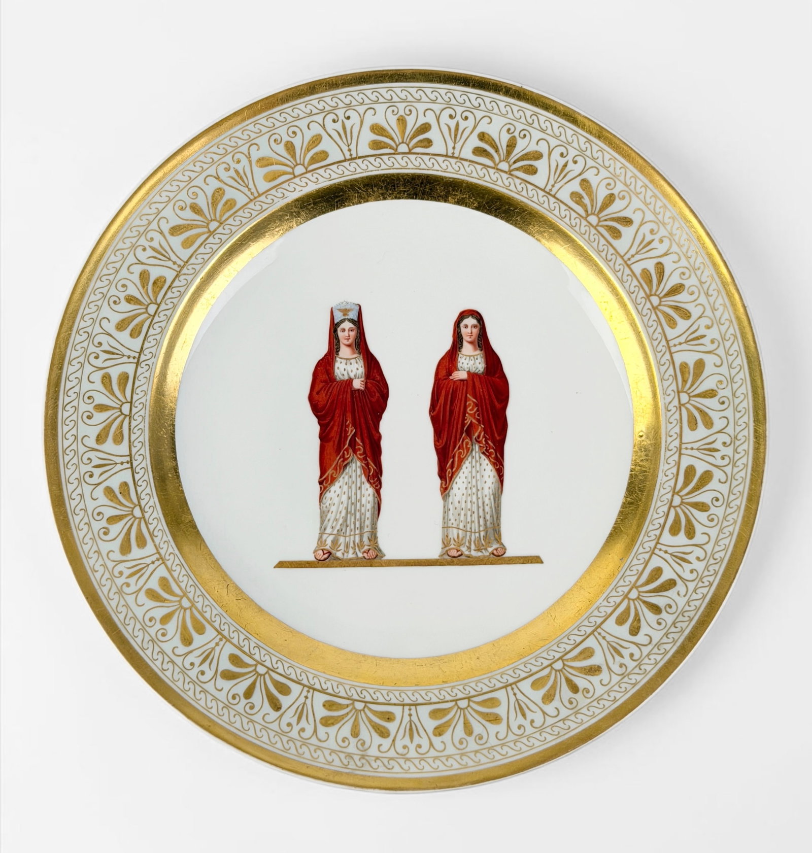 19th Century KPM Style 'High Priestess & Priestess' Plate: Inscribed and stamped on the back. Dimensions: Approx. 9 1/2" Diameter Condition: Minor wear and markings, consistent with the natural age of the porcelain. Surface scratches