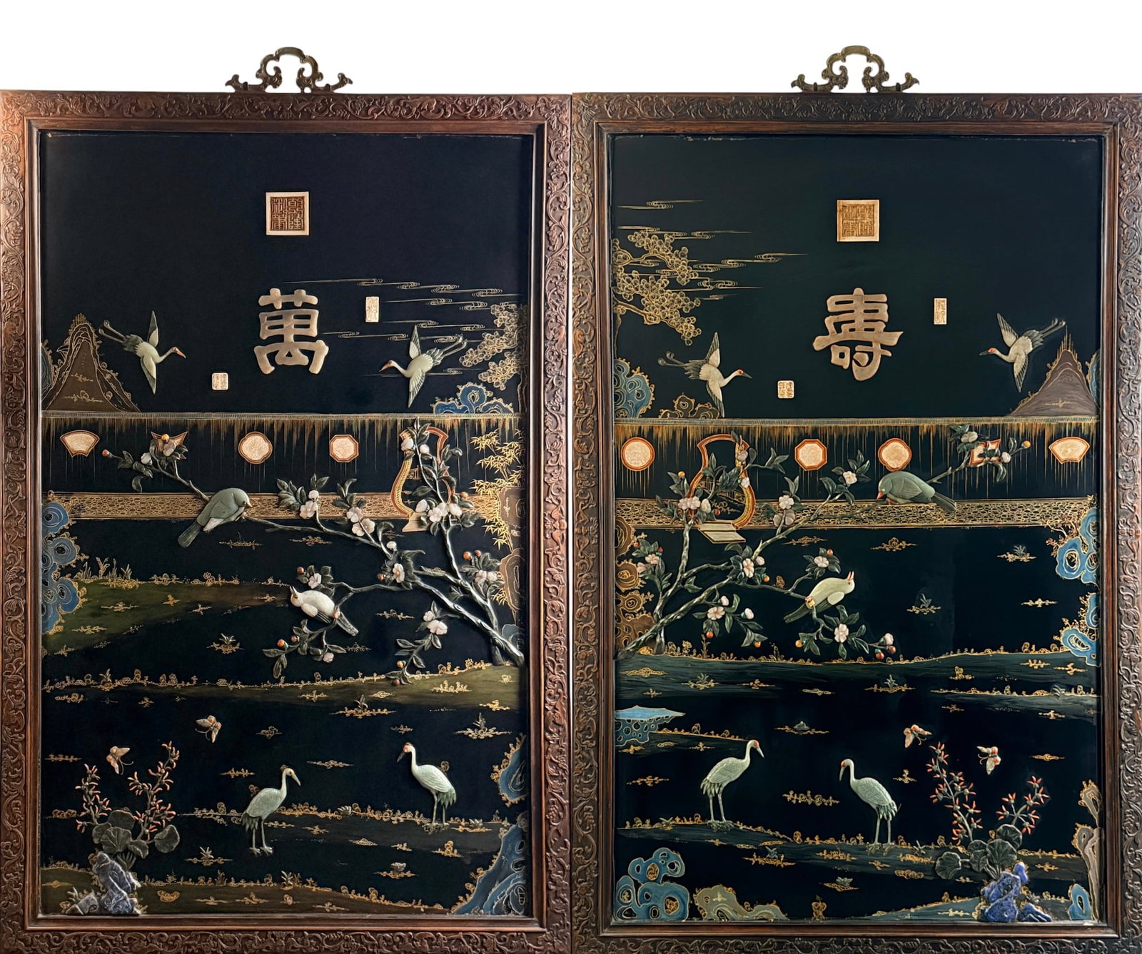 Pair of Large Chinese Black Lacquer and Hardstone Panels (1 of 11)