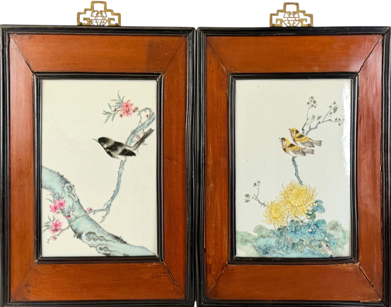 Pair of Chinese Famille Rose Porcelain Plaques: No signatures found. Plaque: 10" Wide x 15" Tall Frame: 16" Wide x 23 1/2" Tall Condition: Minor staining to the white porcelain areas. Otherwise th