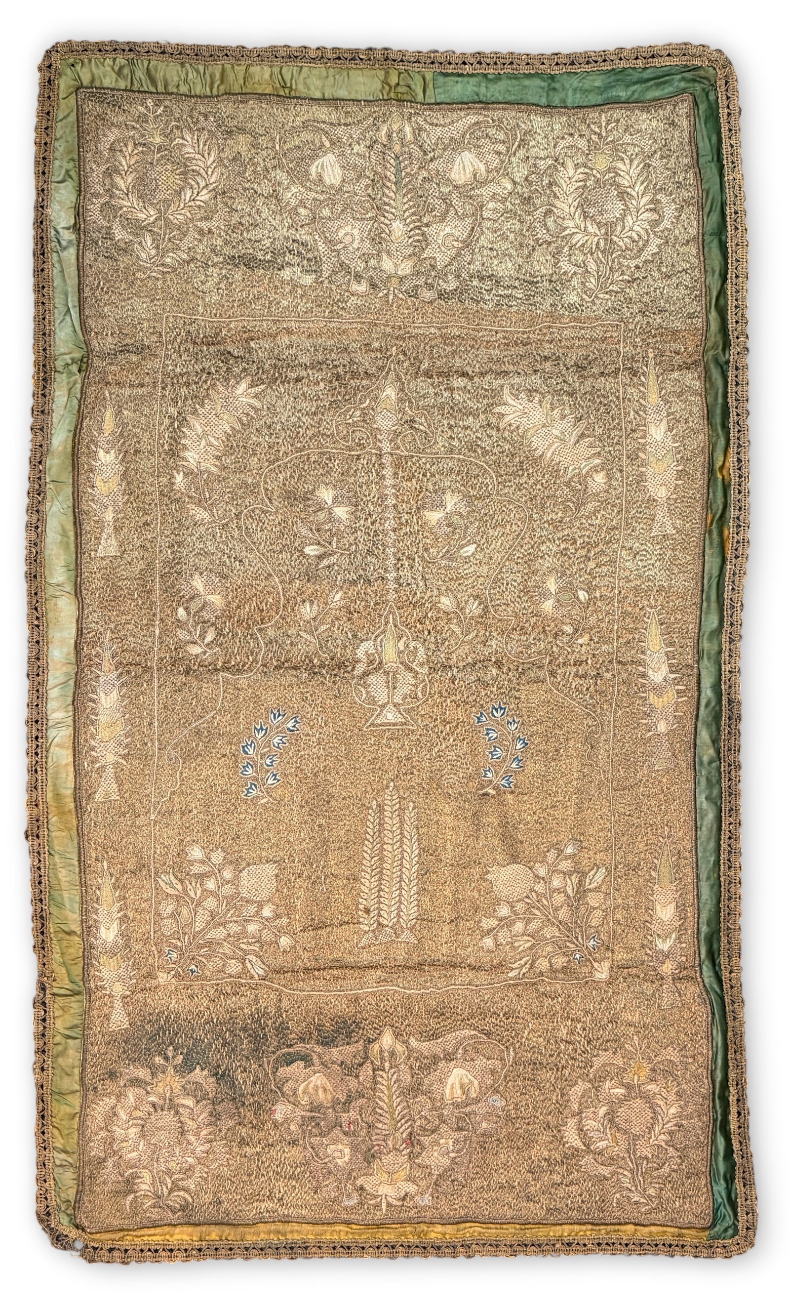 Southeast Asian Zardosi Tapestry: Dimensions: 65" x 38" Condition: Staining on the silk. Colored threads are faded. The lace edging is fraying. There are (3) 1" tears to the top border of the tapestry. 