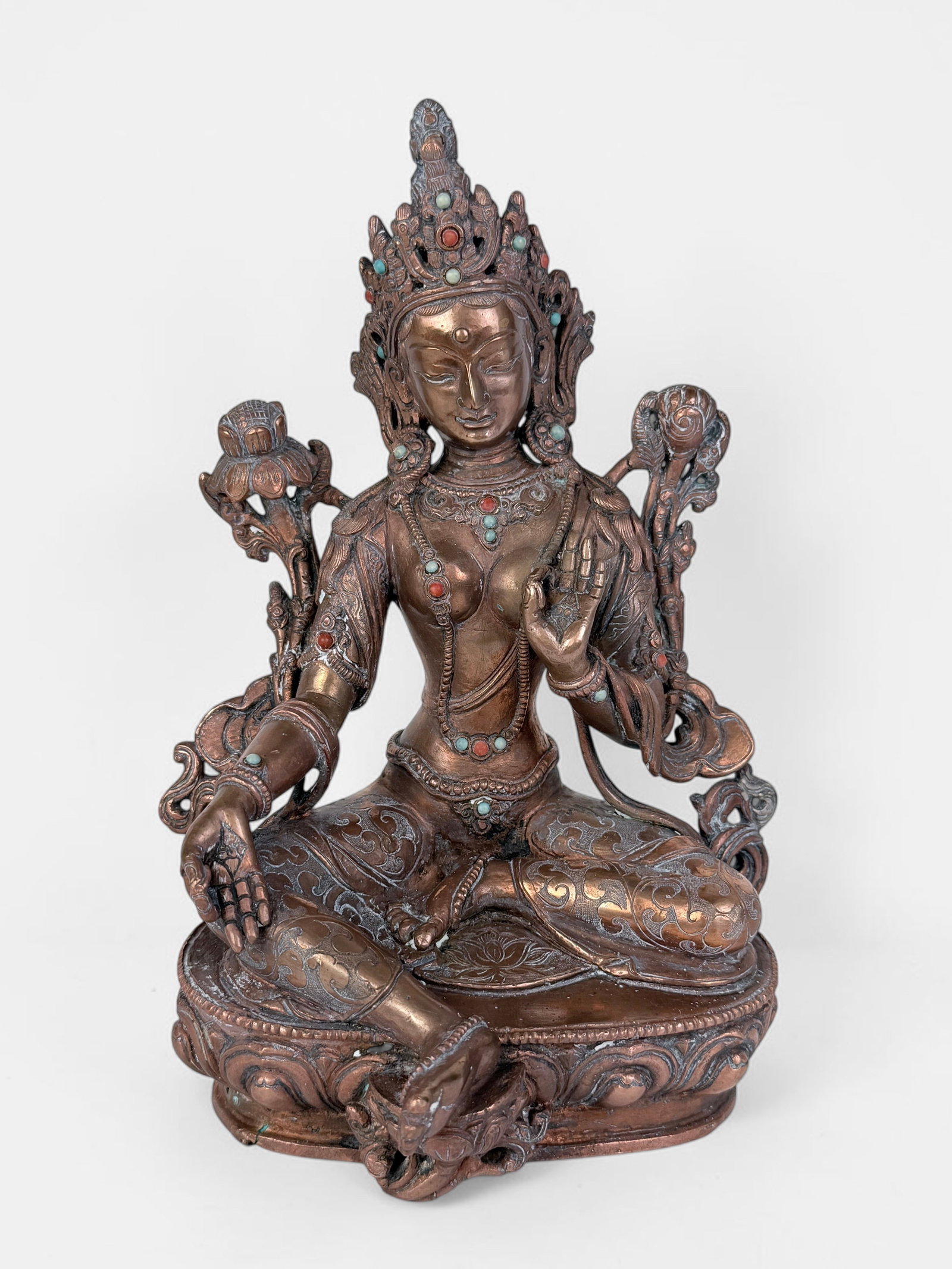 Tibetan Copper, Coral, & Turquoise "Green Tara" Figure (1 of 5)