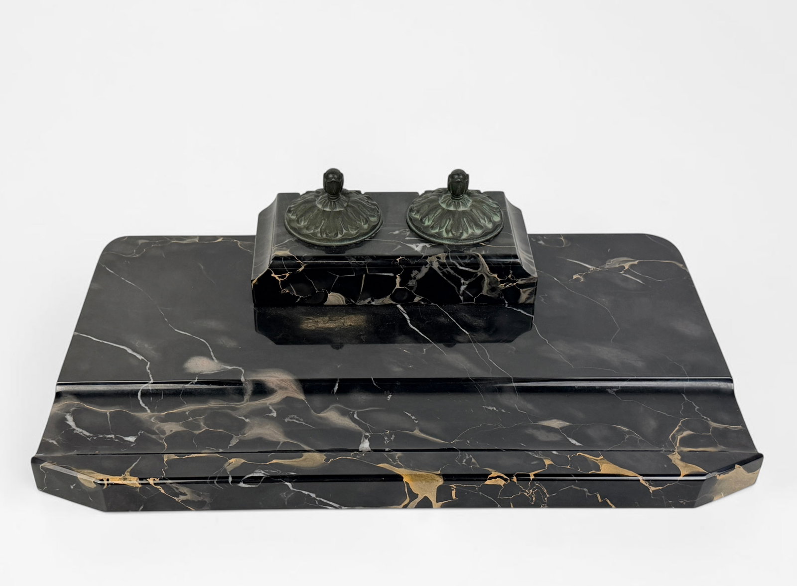 Antique Art Deco Marble Double Inkwell & Desk Set: Dimensions: 16" x 9 1/4" x 4" Condition: The inkwell set is in good condition. Please see images for details. 