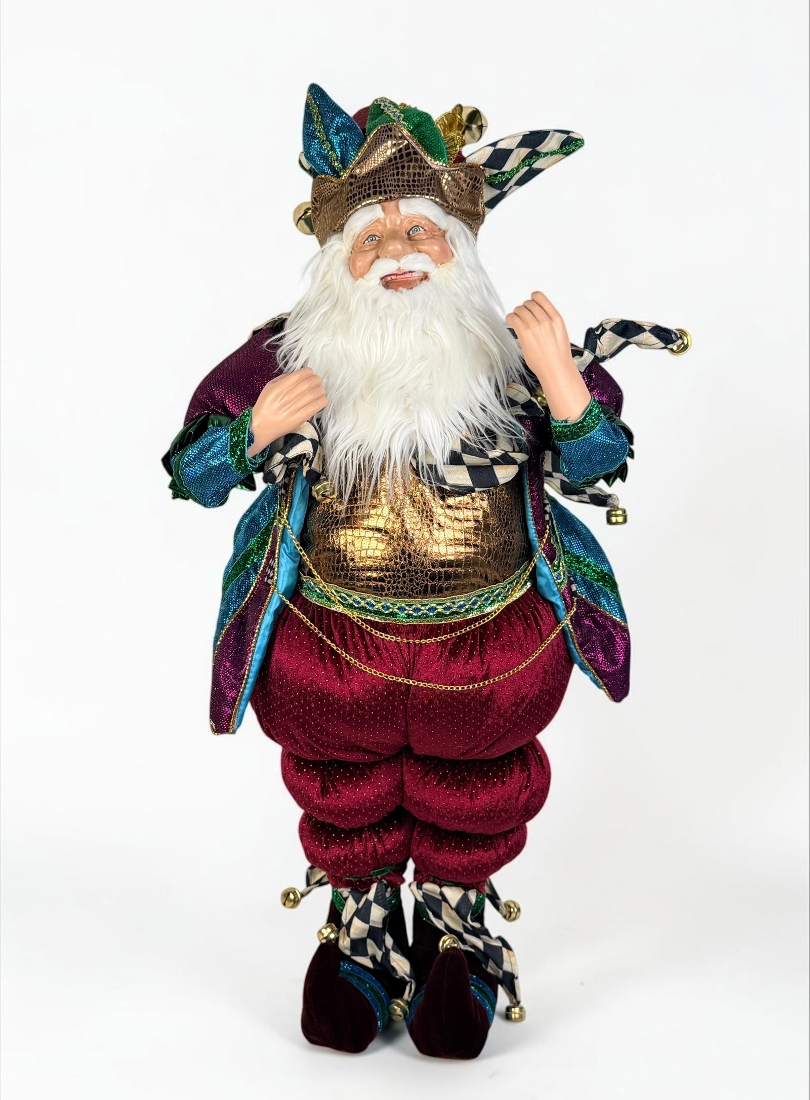 MacKenzie Childs Jester Jeweled Courtly Check St. Nick Figurine: Height: about 33" Condition: The figurine is in good condition. Some pigment has traveled around the face, primarily in the mouth area. 