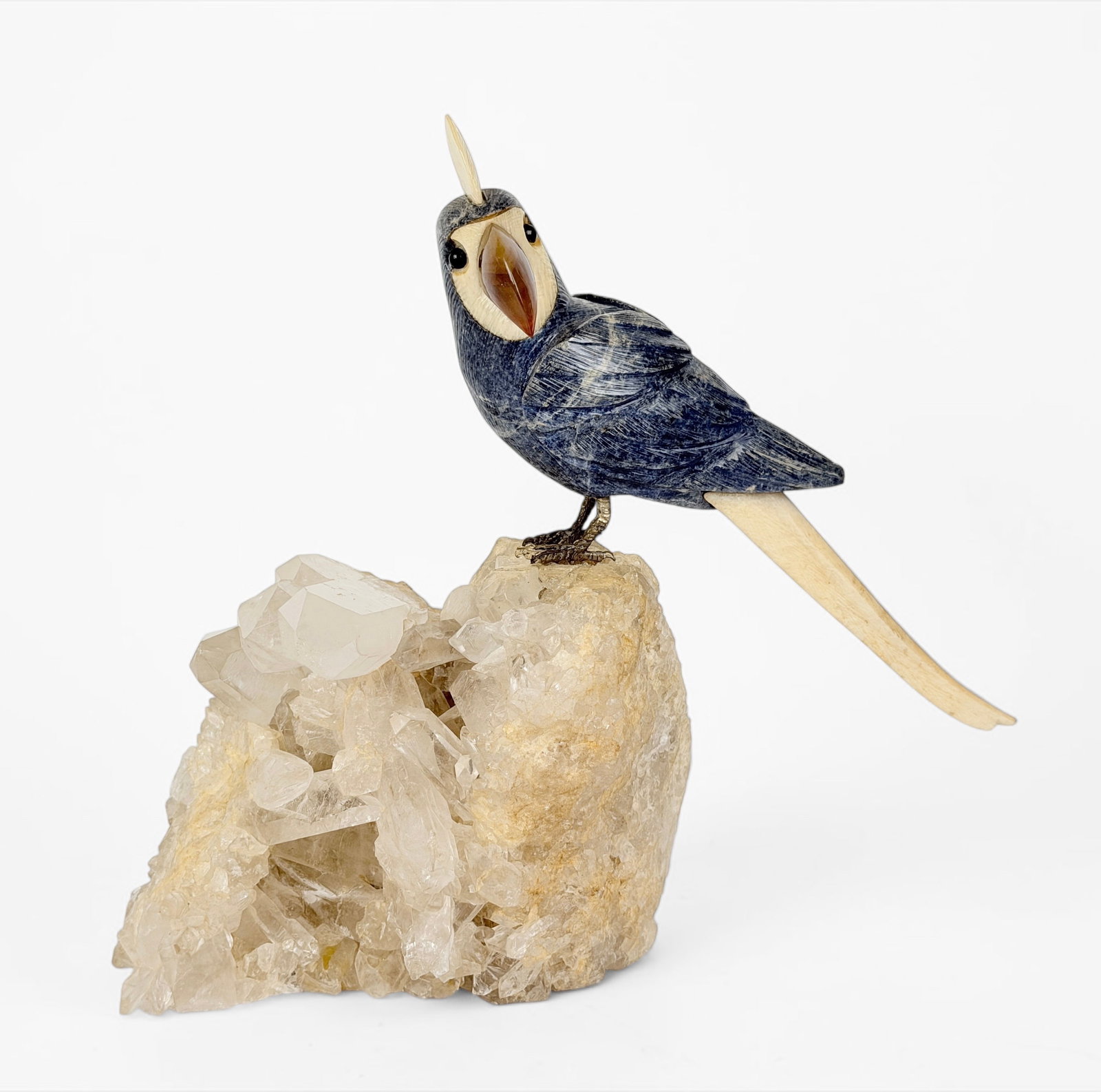 Vintage Handcrafted Sodalite and Quartz Cockatoo: Dimensions: 10" x 11" x 5" Condition: The sculpture is in very good condition. See images for details. 
