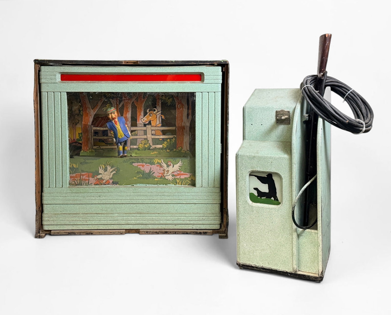 Antique Seeburg "Chicken Sam" Shooting Gallery Game: This game uses the Ray-O-Lite system, allowing players to shoot at targets with a light-activated rifle. Game Case: 36" x 39 1/2" Gun Stand: 34" x 15" 