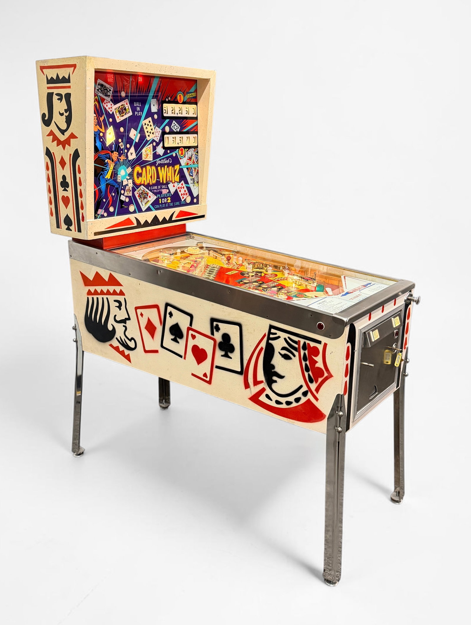 Vintage "Card Whiz" Electro-Mechanical Pinball Machine: Manufactured by Gottlieb in 1976. Dimensions: 68 1/2" x 28 3/4" x 52" Condition: The machine lights up and plays when plugged in. Minor loss of paint to the