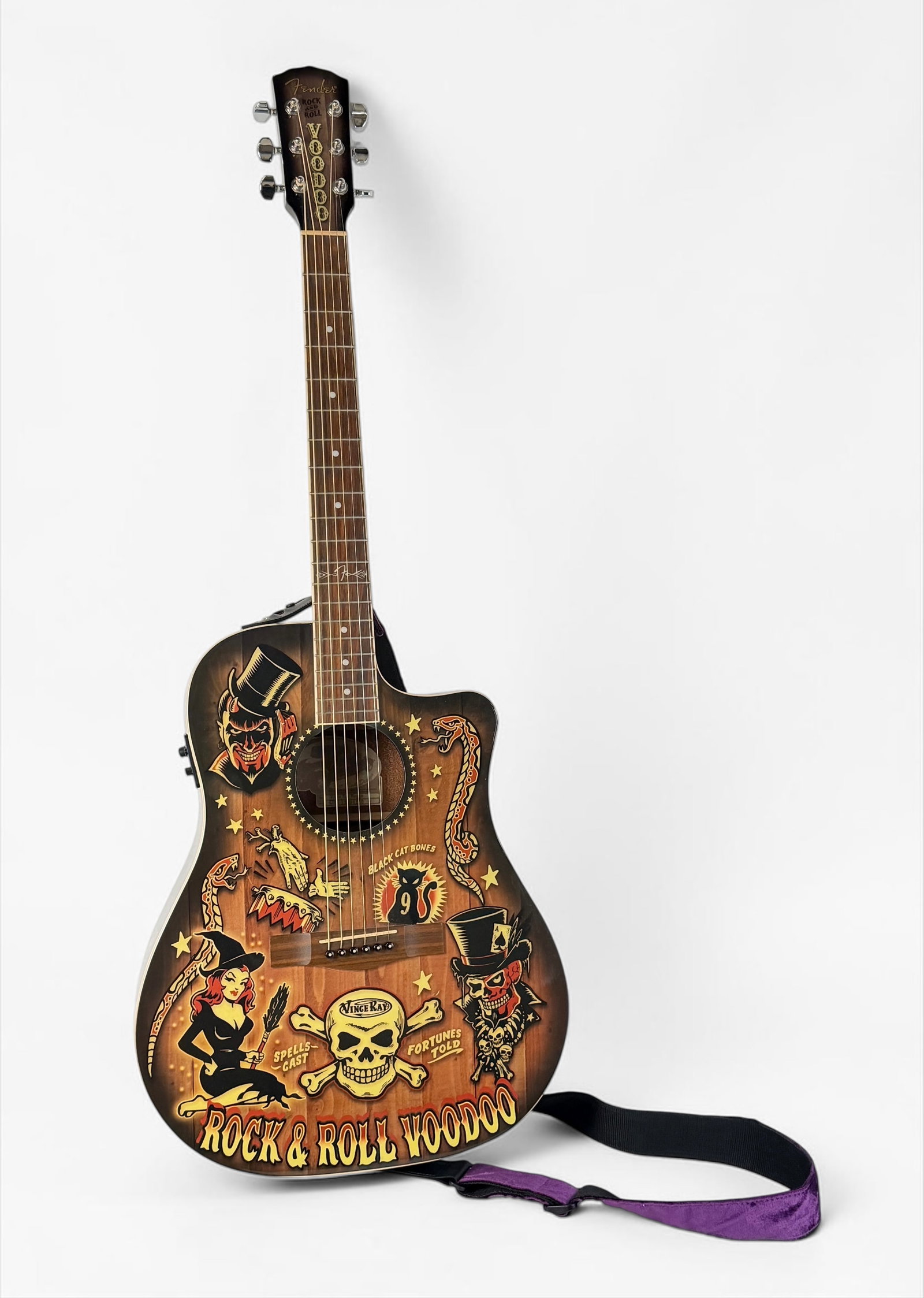 Fender T-Bucket 300-CE Vince Ray Voodoo Acoustic-Electric Guitar: Purple velvet guitar strap included. No case. Serial Number: CSE 13004140 Length: About 41" Condition: There is a crack and a scuff to the exterior edge of the guitar, but no noticable effec