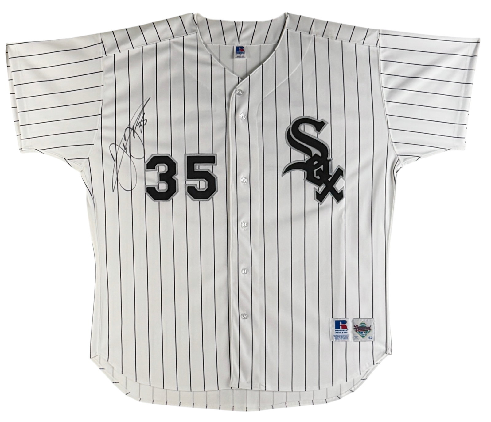 Autographed Frank Thomas Rookie Card and Jersey: Signature is present on the front of the jersey in the upper left. Certificate of Authenticity included for the jersey. PSA authenticated the rookie card and assigned it a Gem Mint 10. Dat