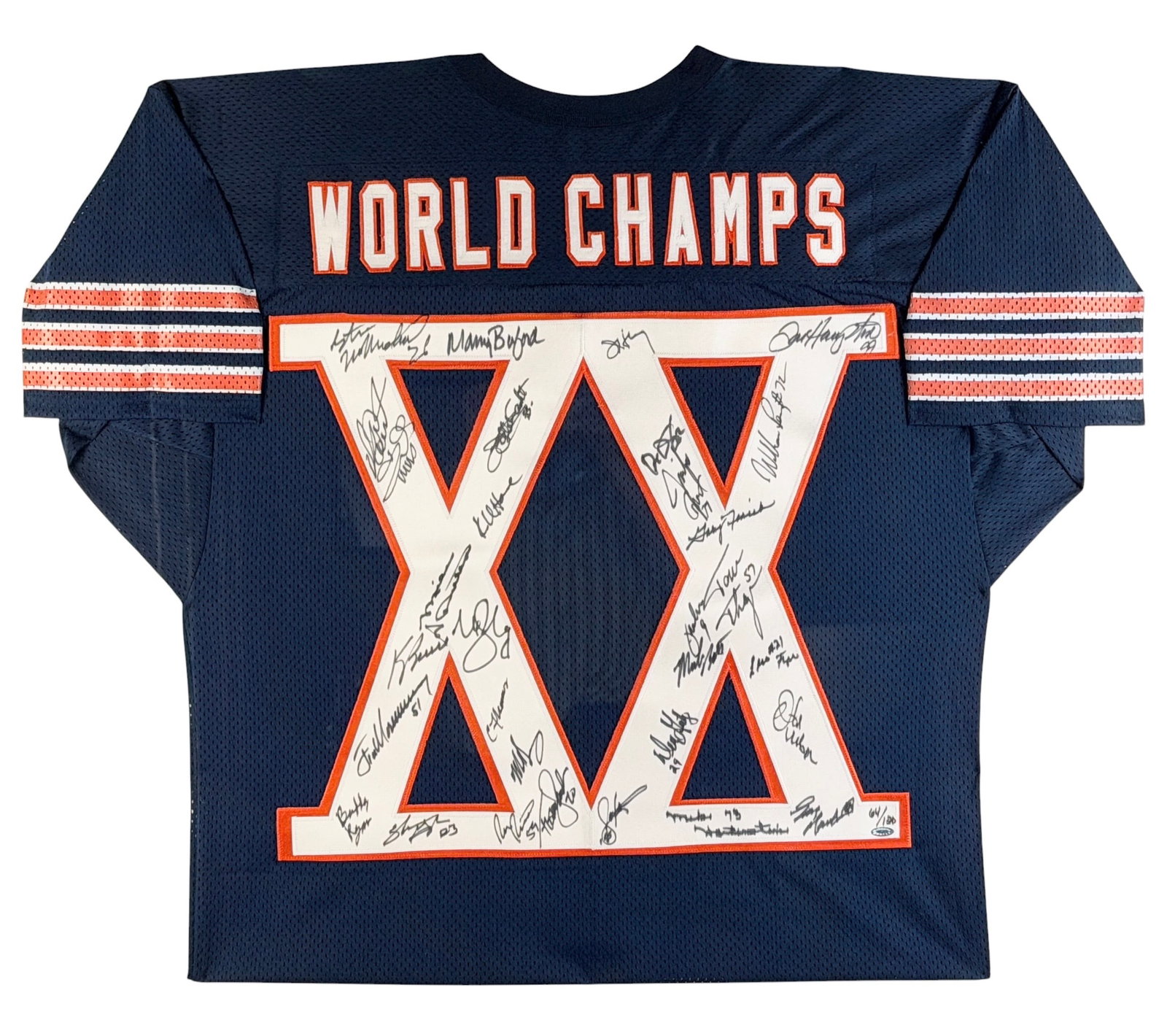 Signed Commemorative Chicago Bears Super Bowl XX Jersey: The jersey is signed by the team, featuring signatures from William Perry, Steve McMichael, and more. Limited Edition: 64/120 Jersey: 30" x 35 1/2" Frame: 36" x 41 1/2" Condition: The jers