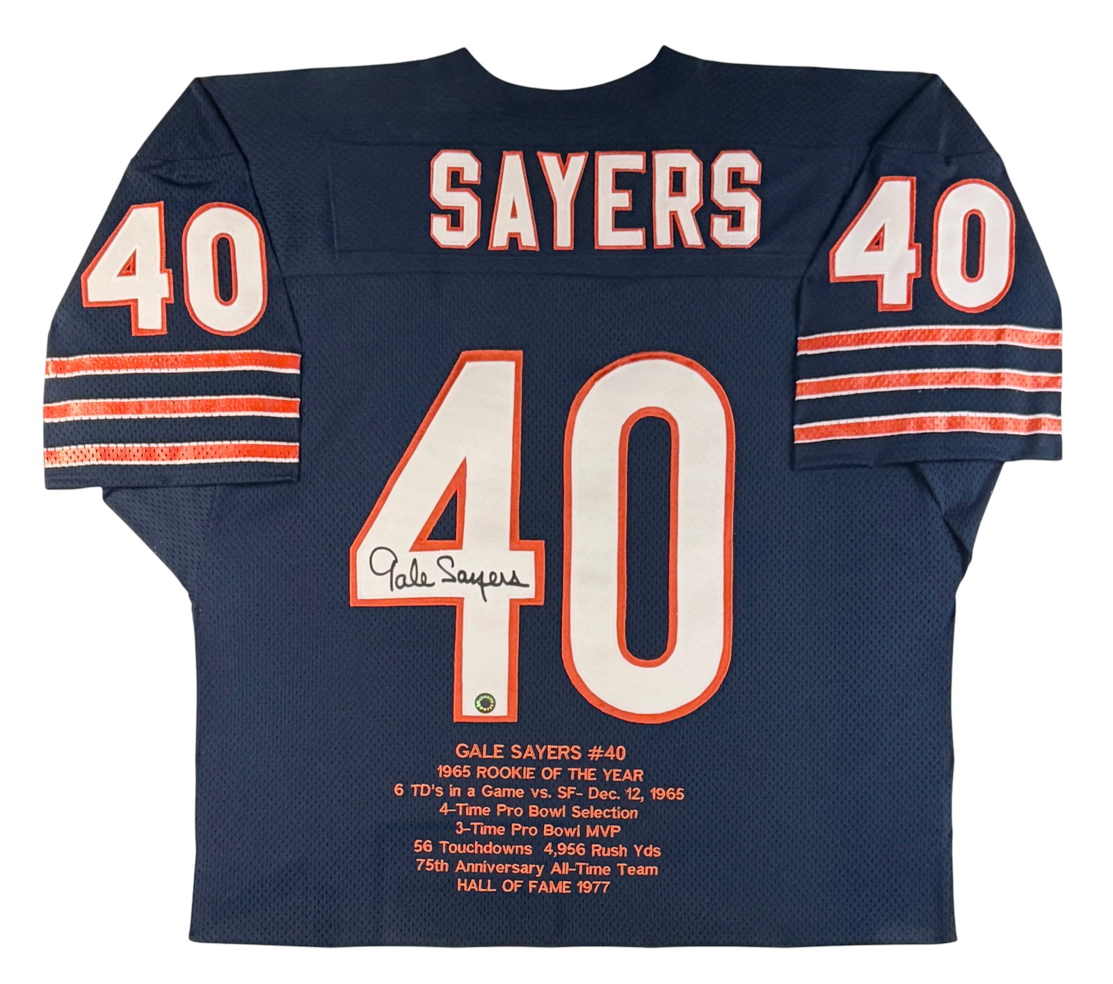 Signed Gale Sayers Hall of Fame Chicago Bears Football Jersey: Signed within the number 40 on the jersey on the left side. Jersey: 30" x 34" Frame: 36" x 41" Condition: The jersey is in very good condition. Minor nicks to the frame.
