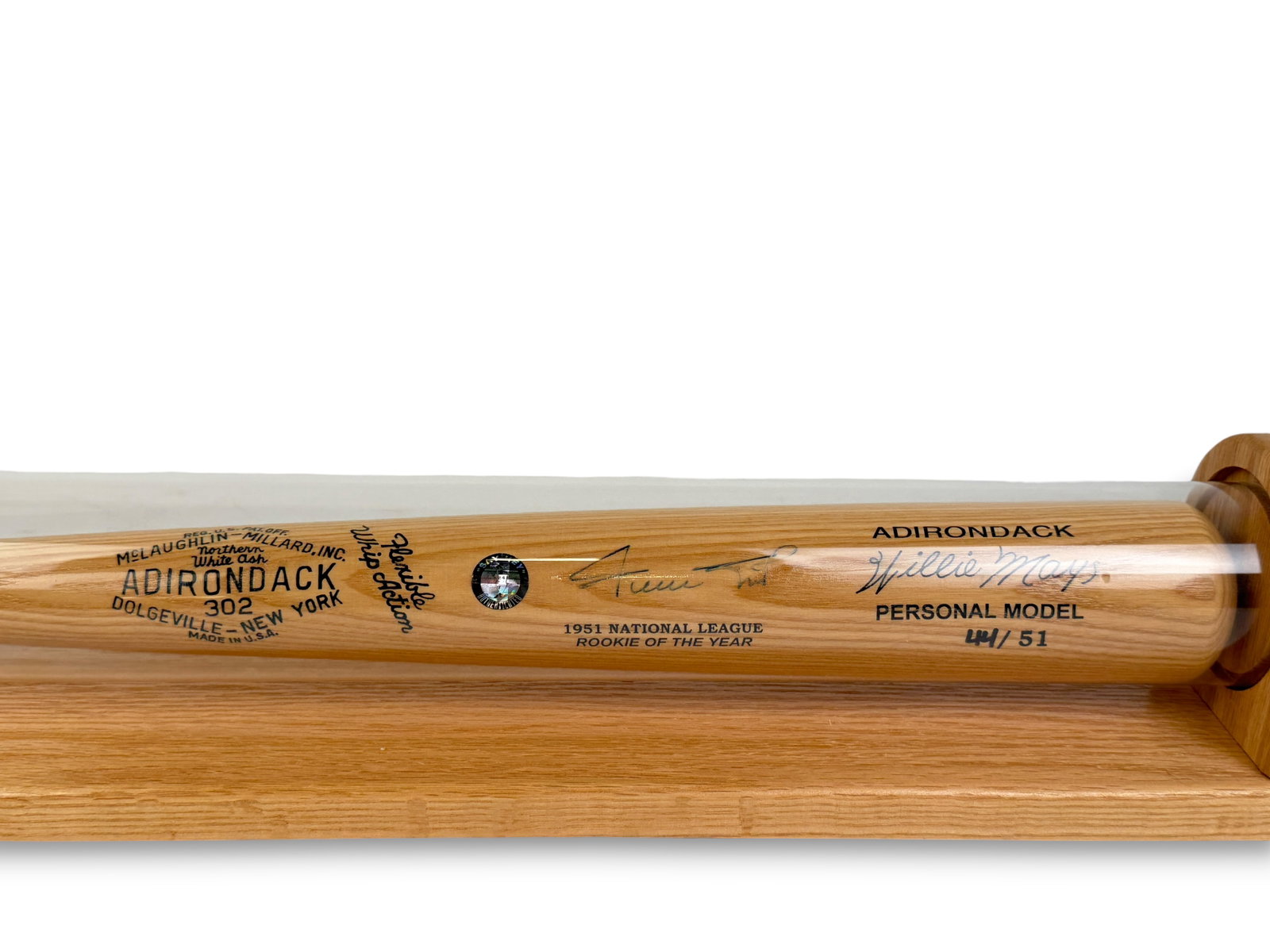 Signed Willie Mays 1951 Rookie of the Year Bat: The bat comes in a protective display case. Limited Edition: 44/51 Length: 33 1/2" Condition: The bat is in very good condition. There is some fading to the signature, but it is still legibl