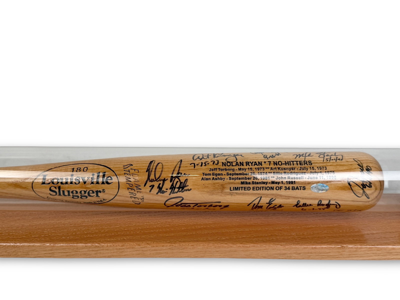 Signed Nolan Ryan's 7 No-Hitters Louisville Slugger Bat: Features many signatures from Nolan Ryan's career, including Tom Egan and Alan Ashby. Limited Edition of 34 Bats. Bat comes in a protective case. Length: 32 1/2" 