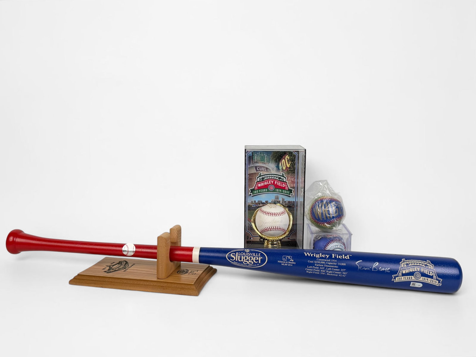 Set of "100 Years of Wrigley Field" Baseball Bat and Balls (1 of 6)