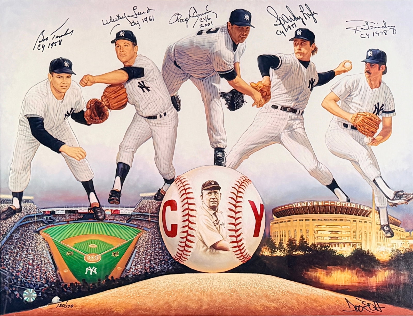 Yankees Cy Young Winners Signed Limited Edition Print: Features signatures from prominent pitchers such as Whitey Ford and Ron Guidry. Image: 19" x 24 3/4" Frame: 25 1/2" x 31 1/2" Condition: The print