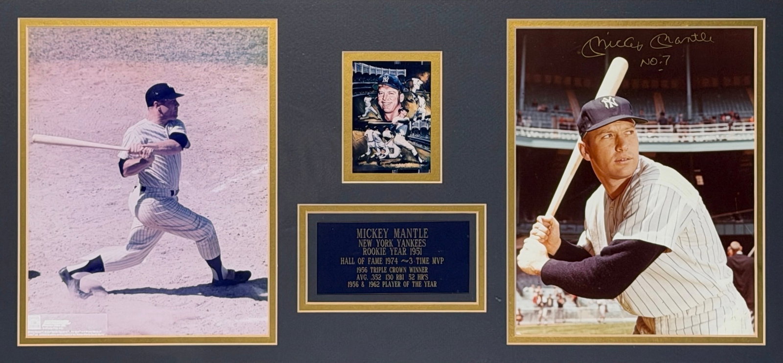 Signed Mickey Mantle Photographs Display: Two photographs and a trading card display. Right image is signed. Certificate of Authenticity Included. Each Photograph: 9 1/2" x 7 1/2" Frame: 17 1/2" x 30