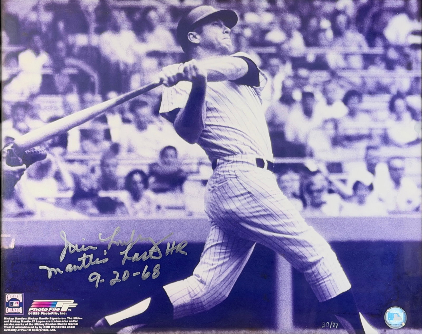 Signed Limited Edition Mickey Mantle Photograph: Certificate of Authenticity Included. Signed 9/20/1968 Limited Edition: 30/77 Image: 15 1/2" x 19 1/2" Frame: 18 1/2" x 22 1/2" Condition: There is