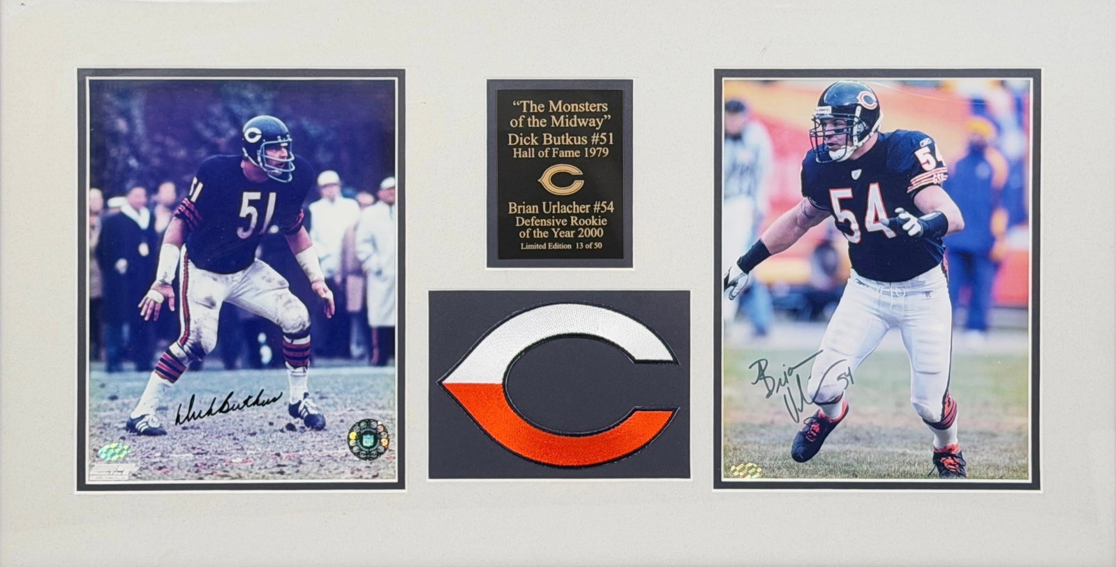 Signed "The Monsters of the Midway" Chicago Bears Photographs: Two signatures, one on each photograph, of Dick Butkus and Brian Urlacher. Limited Edition: 13/50 Each Photograph: 9 1/2" x 7" Frame: 17 1/4" x 30" 