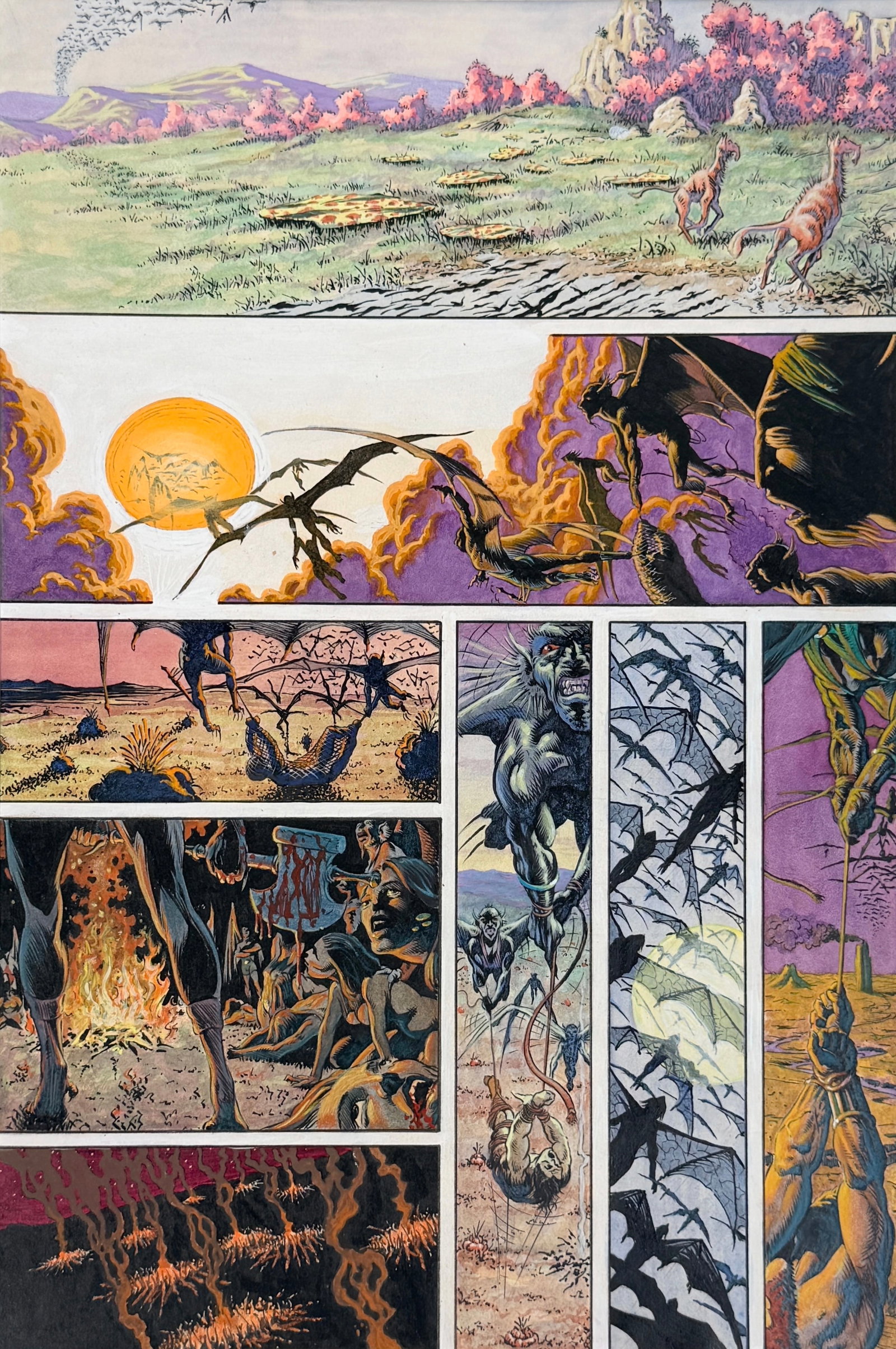 Tim Conrad Original "Almuric Part 3, Page 9" Comic Illustration: The original text overlay is included separately. One caption box is not attached. Image: 15" x 10" Matting: 19" x 14" Condition: The illustration is in very good condition. The colors are bold and