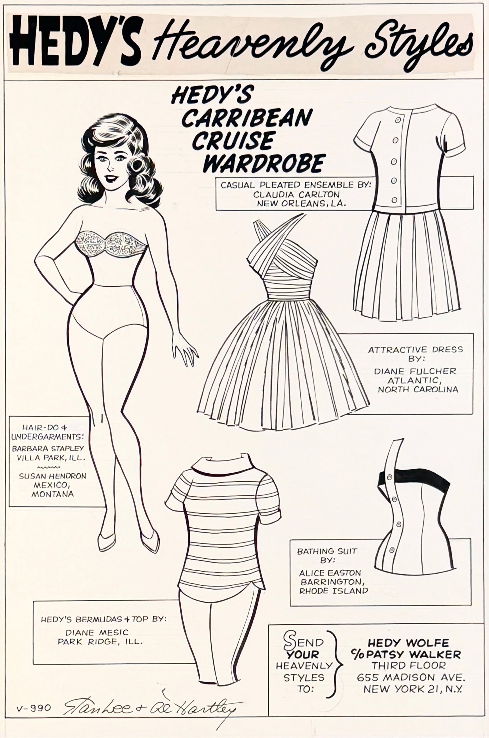 Al Hartley & Stan Lee "Patsy Walker" Paper Doll Activity Page: Signed in the lower left. Artwork is by Al Hartley with the storyboarding by Stan Lee. Image: 19" x 13" Frame: 25" x 18" Condition: Minor staining to the 