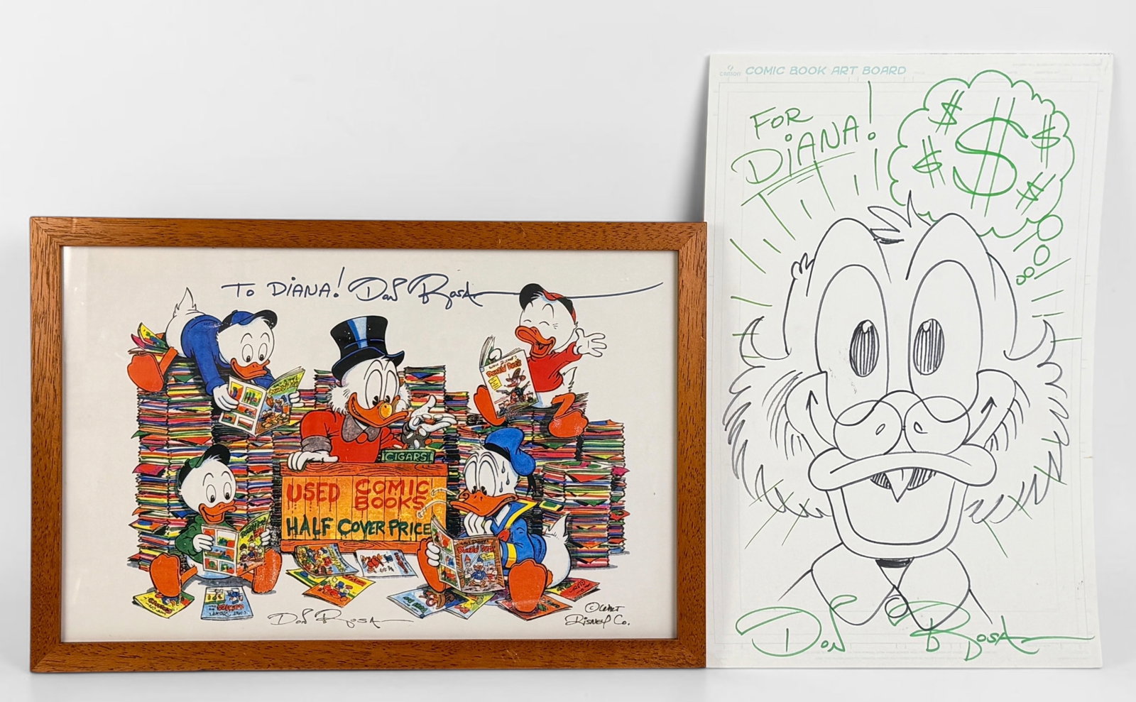 Don Rosa Original Disney Drawing & Signed Poster: Both the drawing and print are inscribed: "For Diana! Don Rosa" Drawing: 17" x 11" Print (with frame): 12 1/4" x 18 1/4" Condition: Both i