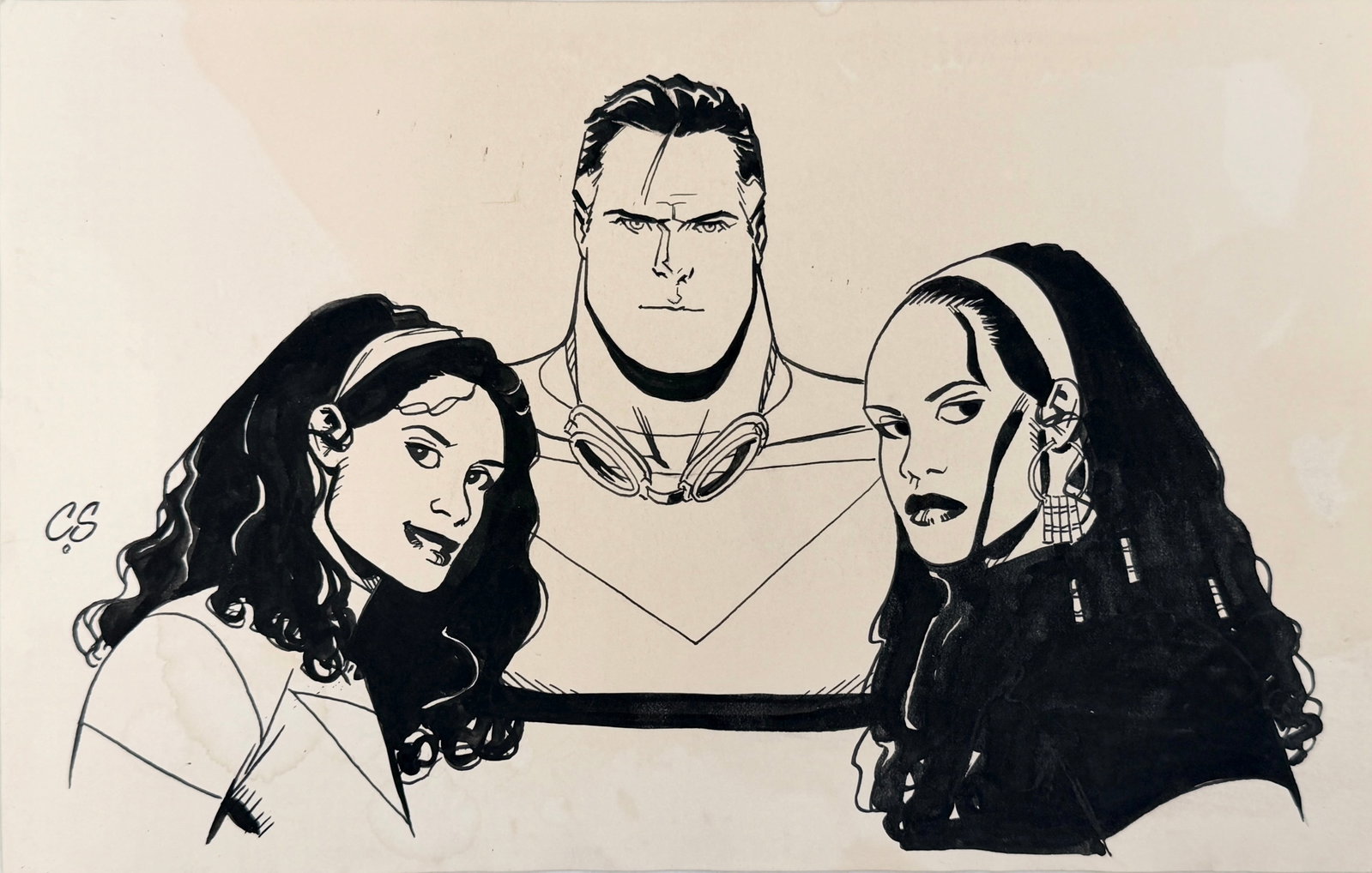 Chris Sprouse Original Ink on Paper Illustration: Signed on the left side of the illustration. Dimensions: 7" x 11" Condition: There is toning and water stains to the paper. The ink is bold and dark. See images for