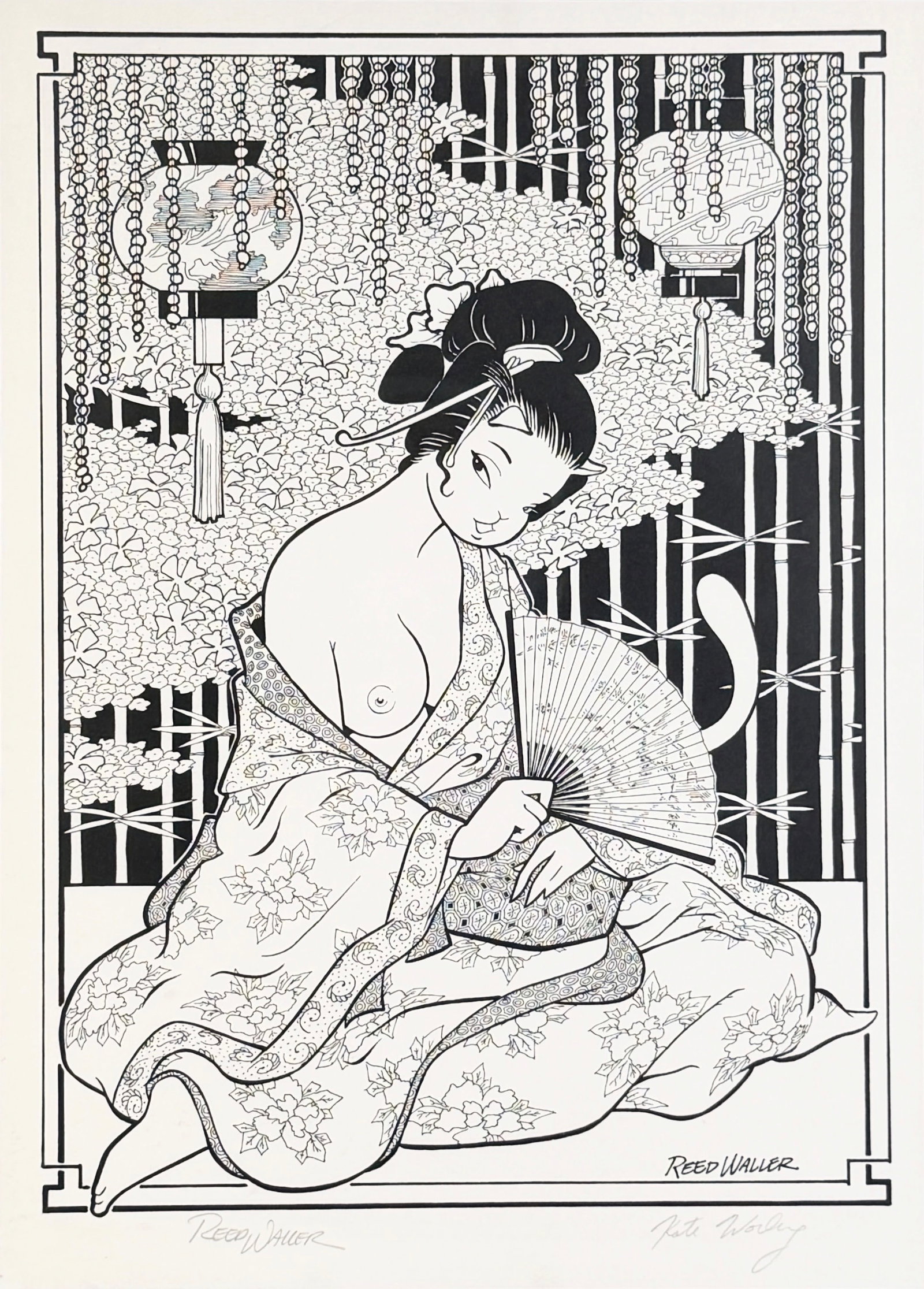 Reed Waller Original "Geisha" Print: Sgined lower left and right by co-creaters Reed Waller and Kate Worley. Features the main character from "'Omaha' the Cat Dancer" comic series. Image: 16" x 1