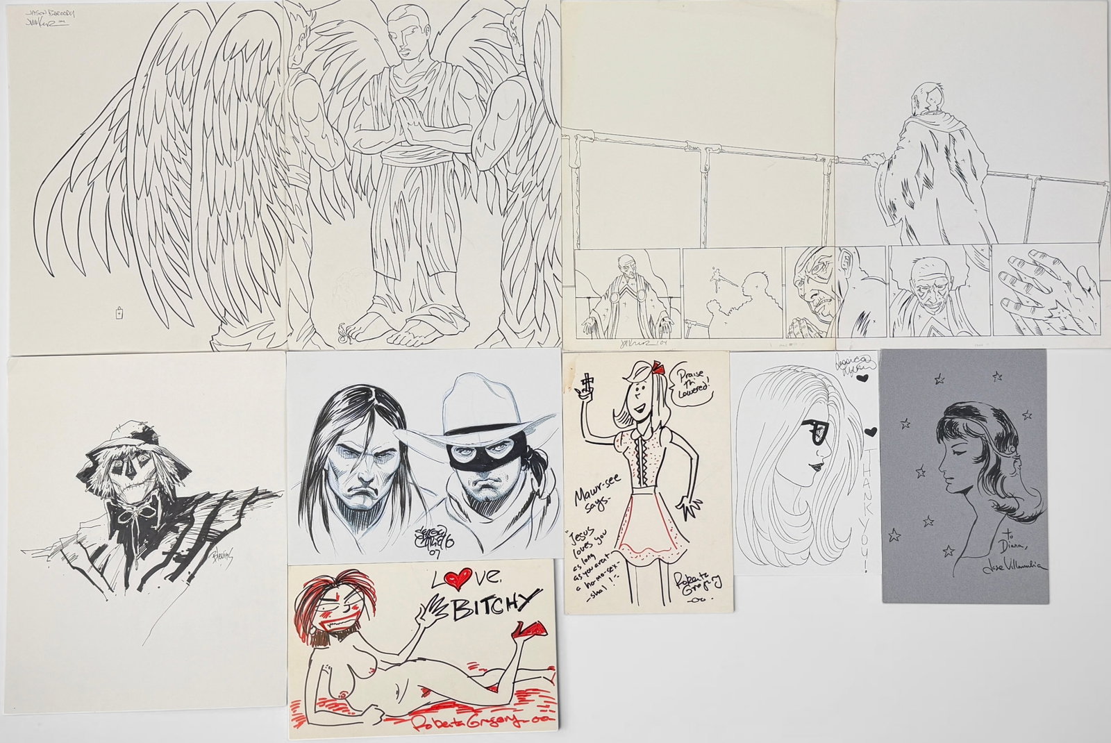 Group of Original Signed Comic Book Drawings: Includes artwork by Jason Baroody, Bret Blevins, Sergio Cariello and more. Dimensions of Largest: 11" W x 14" T Condition: The drawings having some wear to the corn