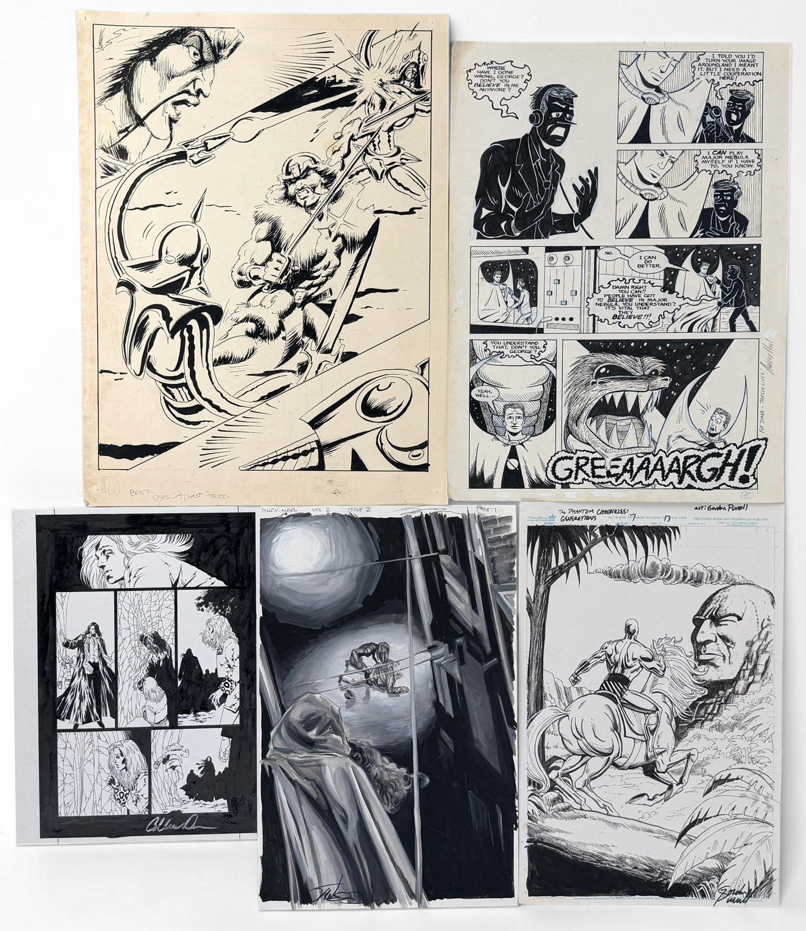 Group of Original Signed Comic Book Drawings (As Is): Includes artworks from Ashley Wood, Colleen Doran, Gordan Purell, and more. Dimensions of Largest: 15 1/4" x 20" Condition: The prints have toning and surface marks throu