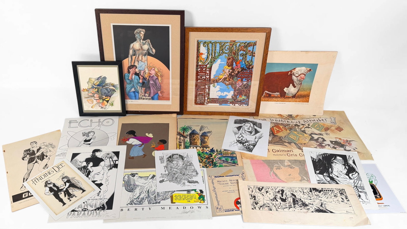 Group of Misc. Prints and Comic Art: Some items are signed, includes Terry Moore, Neil Gaimen, Gris Grimly, and more. Dimensions of Largest: 24" W x 15 1/4" T Condition: The prints and posters are in v