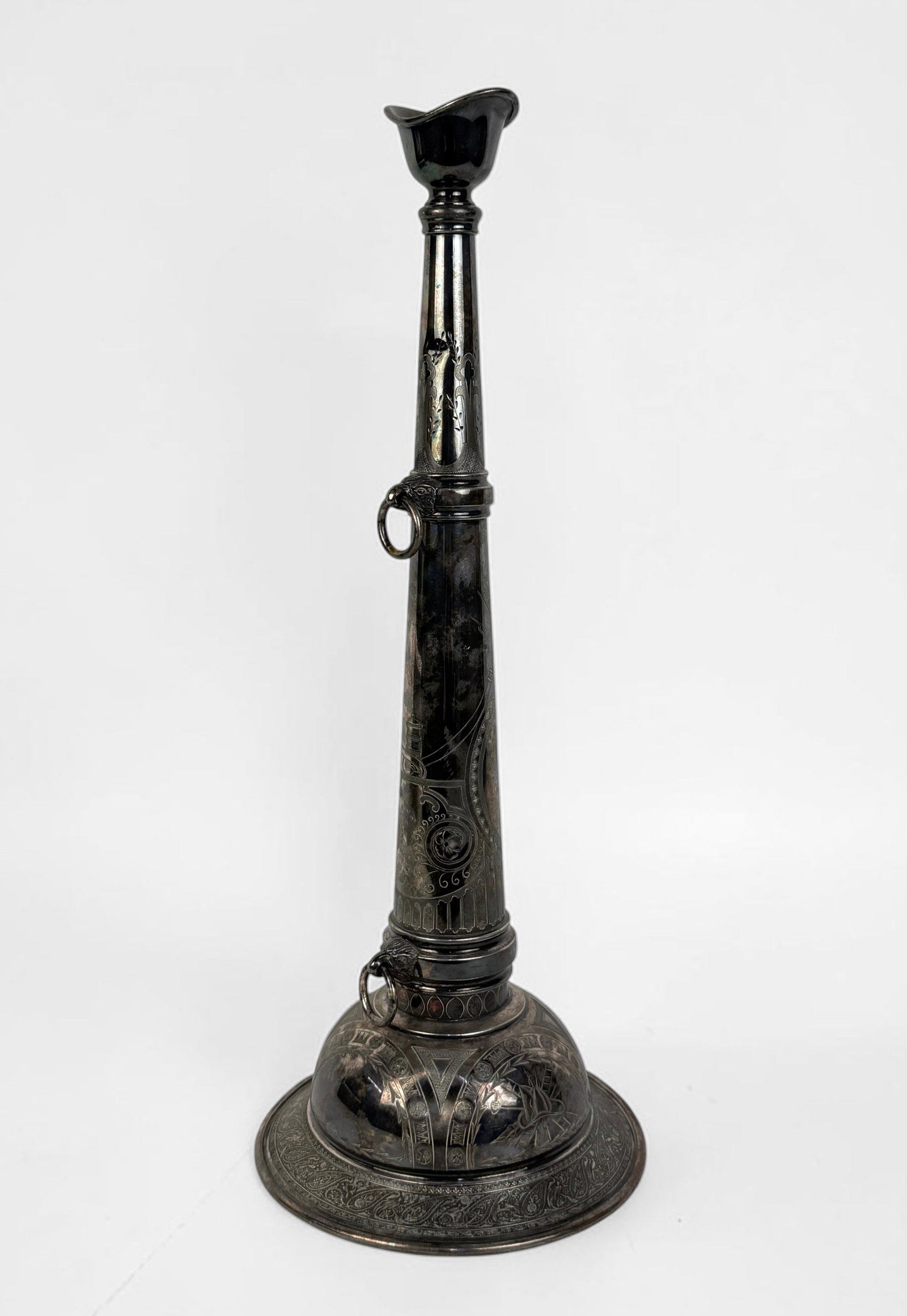 Antique Silverplated Firemans Trumpet: Dimensions: 21" tall x 8 1/4" diameter Condition: Two dents in the bell of the trumpet. Tarnishing throughout.
