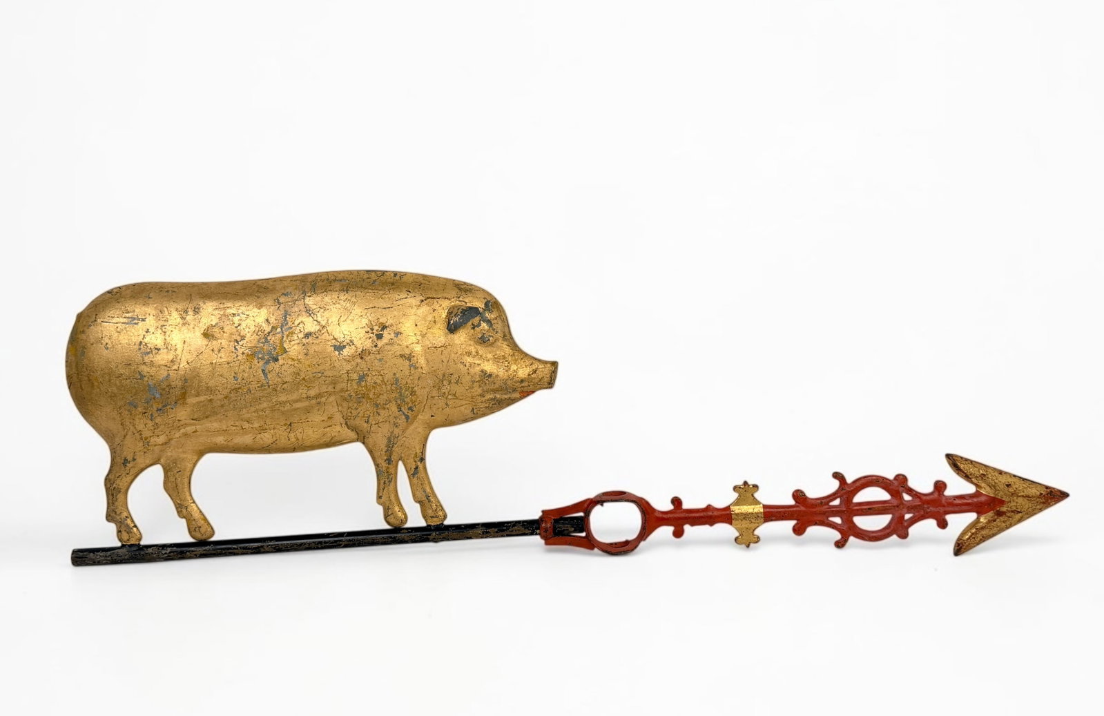 Antique Gold Painted Cast Iron Pig Weathervane: Dimensions: 8" x 30" Condition: Loss of pigment throughout. One ear is broken off the pig. 