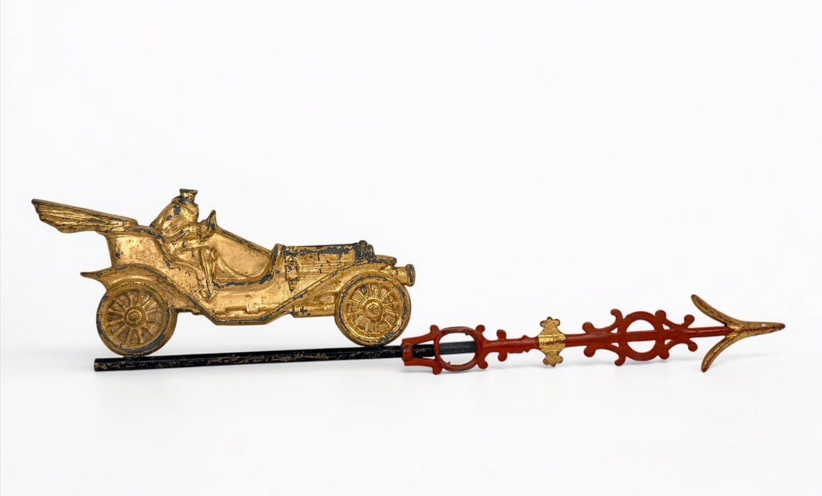 Antique Touring Car Weathervane: Dimensions: 7" x 30 1/2" Condition: Loss of paint throughout; otherwise in good vintage condition.