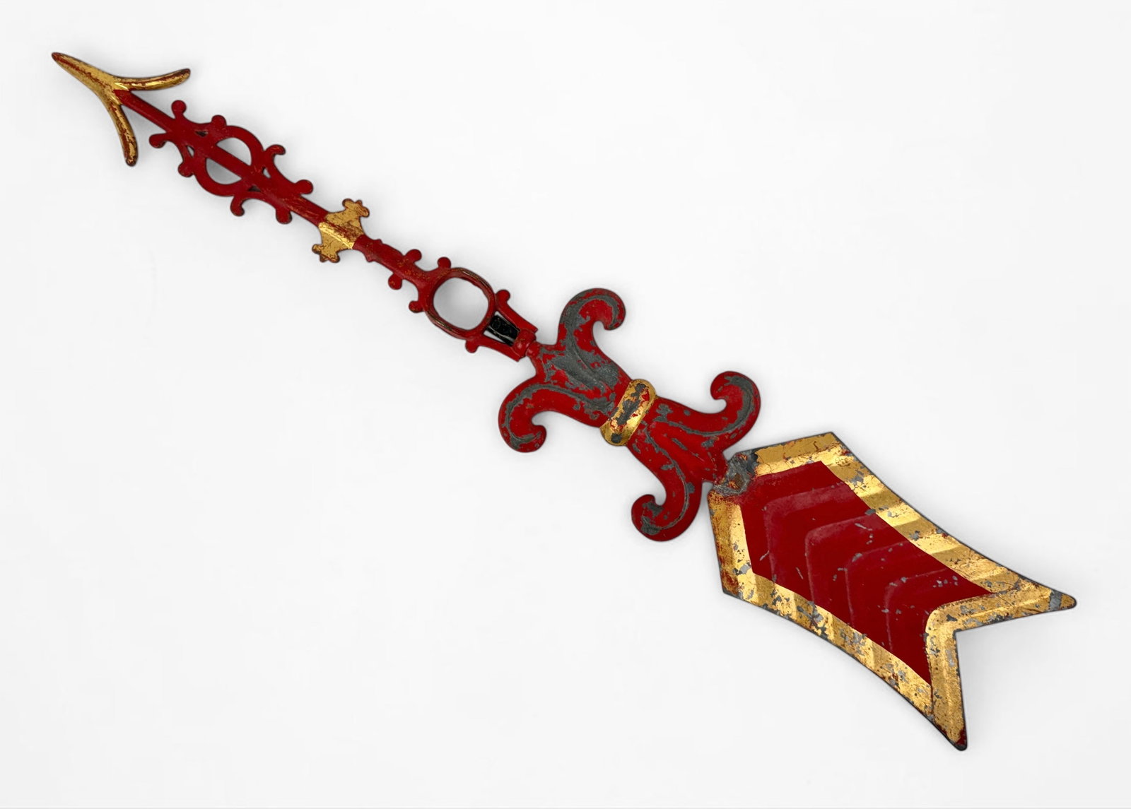 Red & Gold Ornamental Arrow Weathervane: Dimensions: 5" x 32" Condition: Loss of pigment throughout. Minor spots of rust.