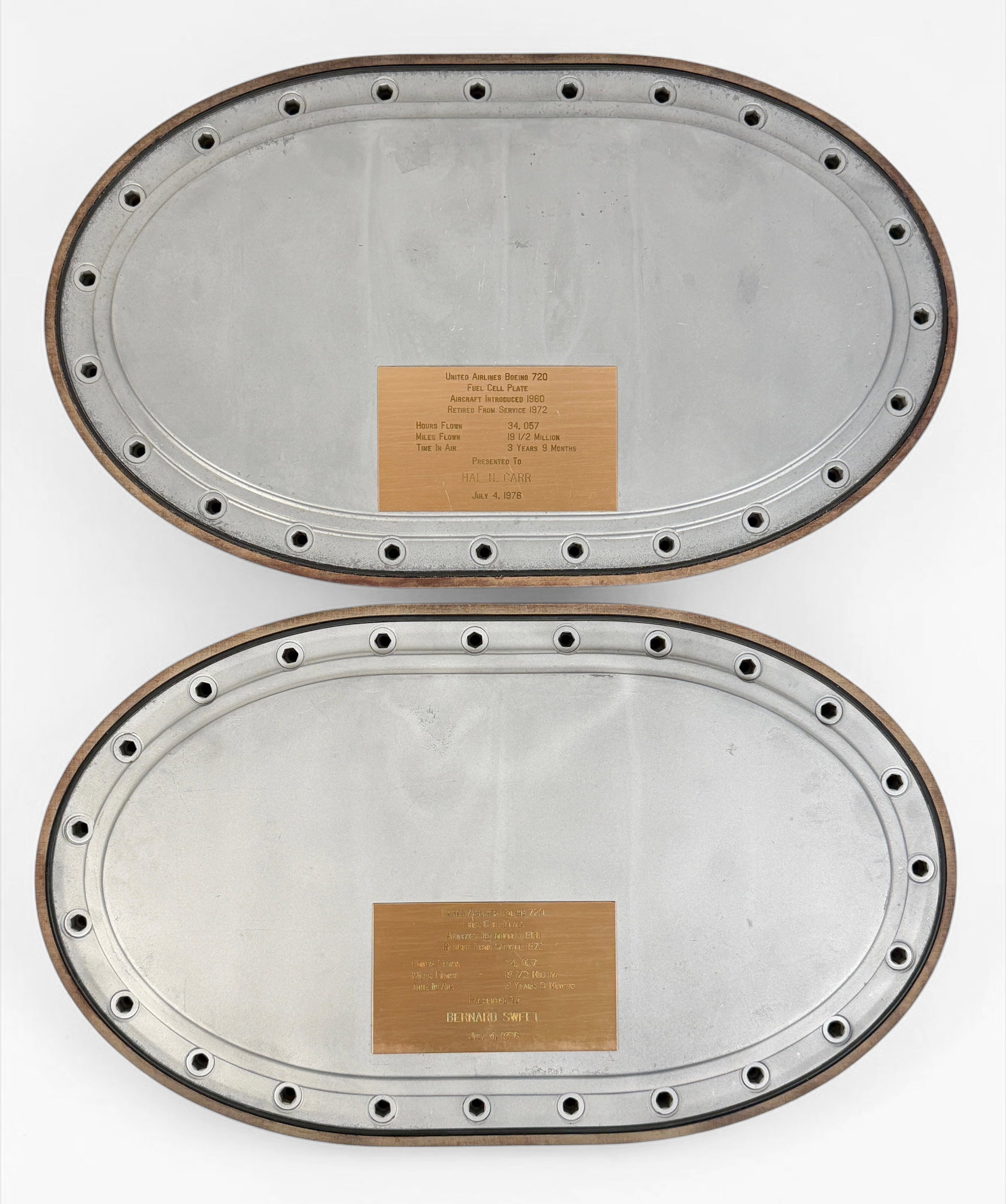 Vintage Boeing 720 Fuel Cell Plate Commemorative Gifts: Both plates are commemorative plaques given to pilots upon retirement. Dimensions: 11 1/2" x 19" Condition: Scratches and wear to the surface of both plates. See