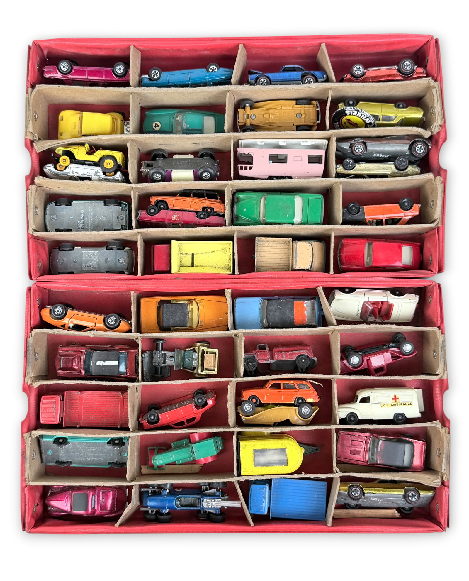 Group of Vintage Hot Wheels & Mattel Toy Cars: The cars come in a vintage carrying case. Dimensions: approx. 1" x 3" per car. Condition: The cars have various levels of wear, but overall appear to be in goo